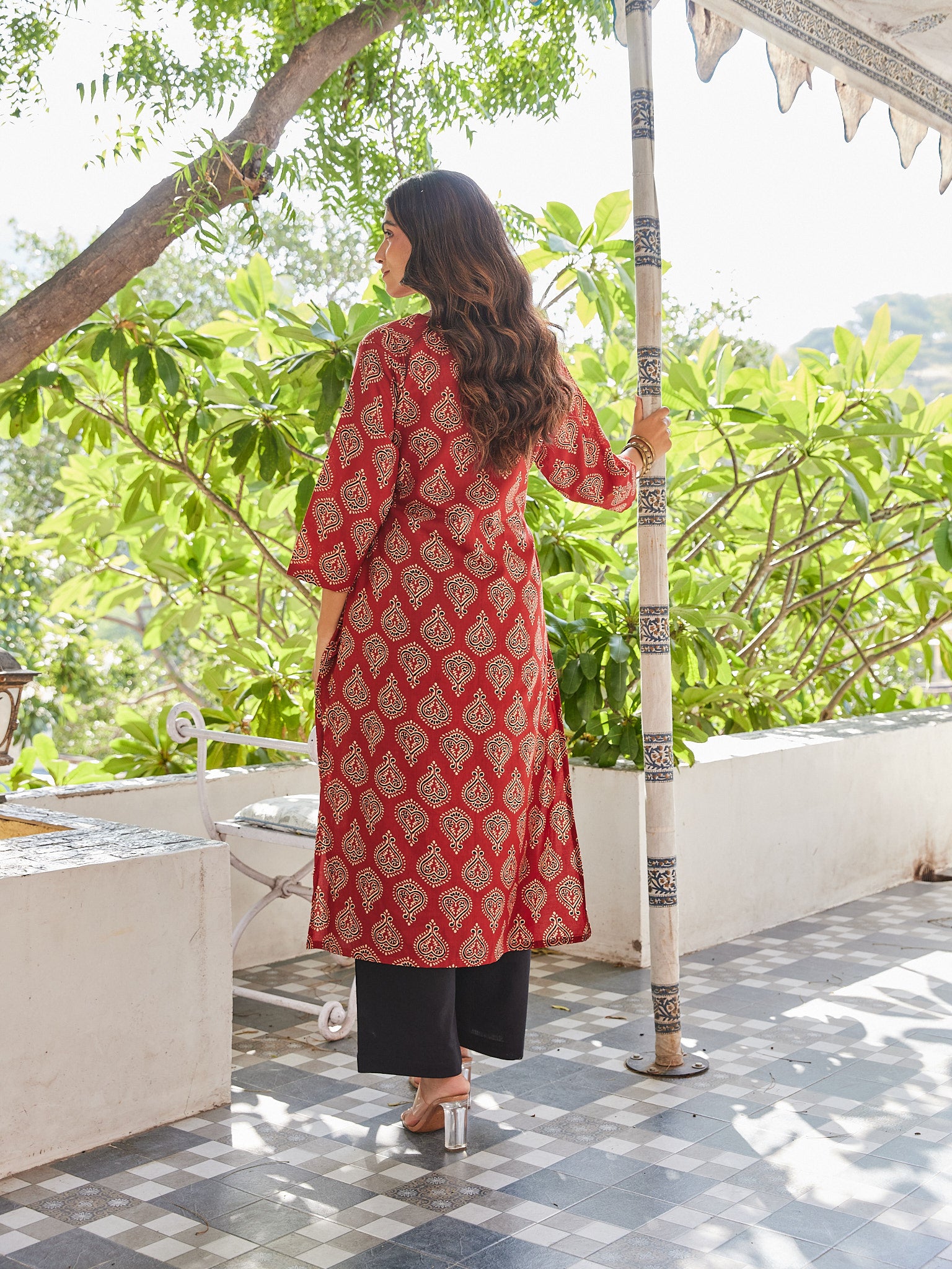 Cotton Red-Cream Paisley Long Kurti