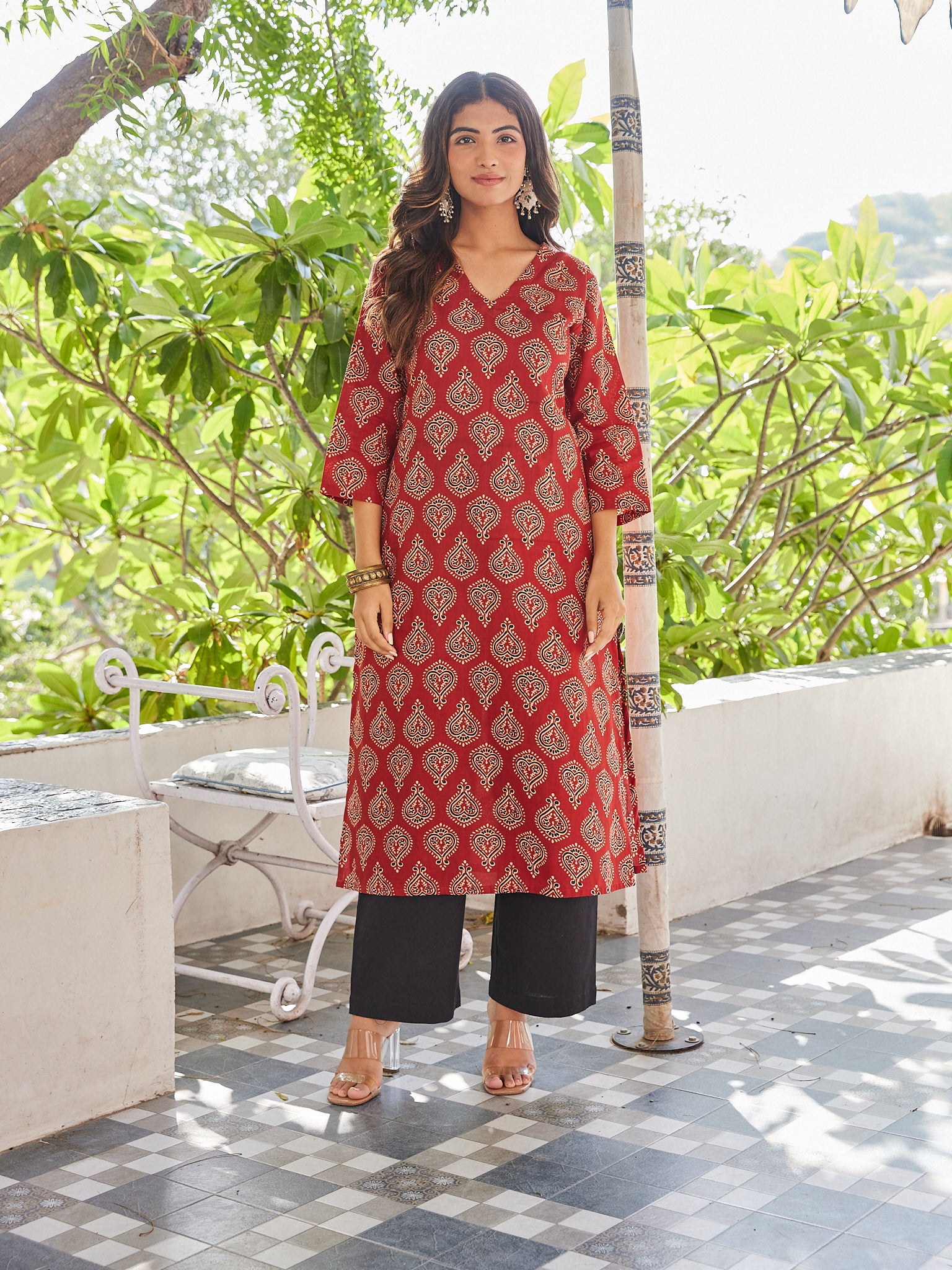 Cotton Red-Cream Paisley Long Kurti