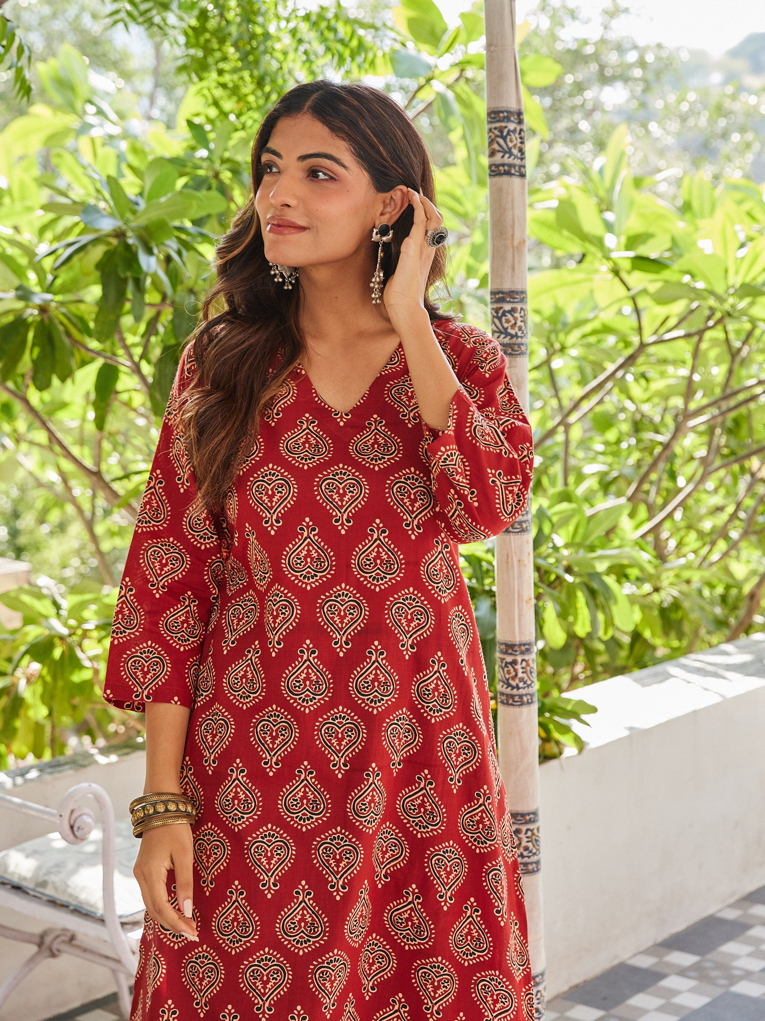 Cotton Red-Cream Paisley Long Kurti