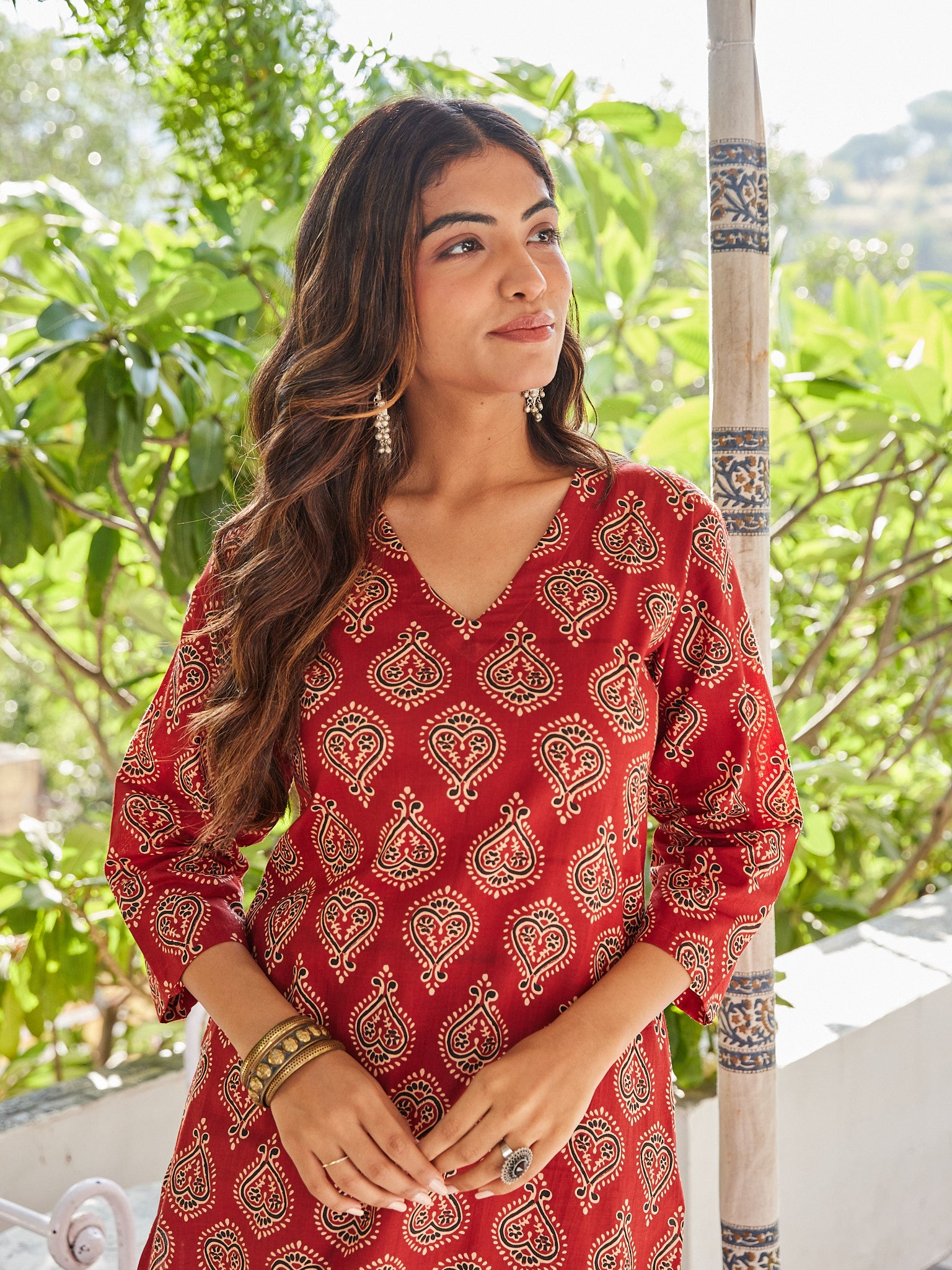 Cotton Red-Cream Paisley Long Kurti