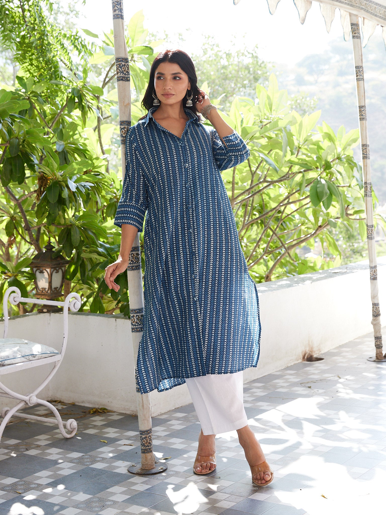 Cotton Indigo-White Geometric Women's Kantha Shirt Long Kurti