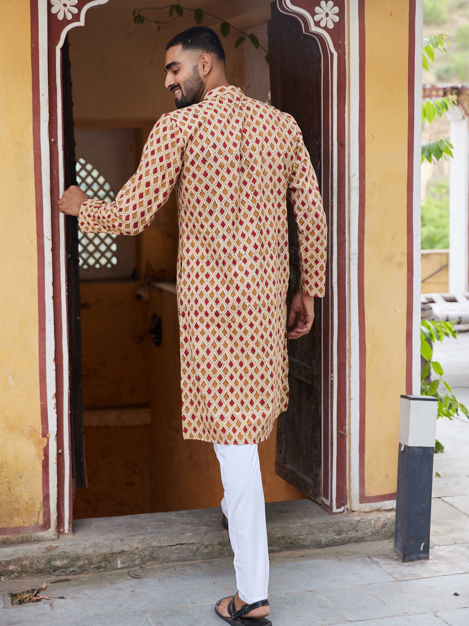 Cotton Red-Brown Booti Block Print Men's Ethnic Kurta