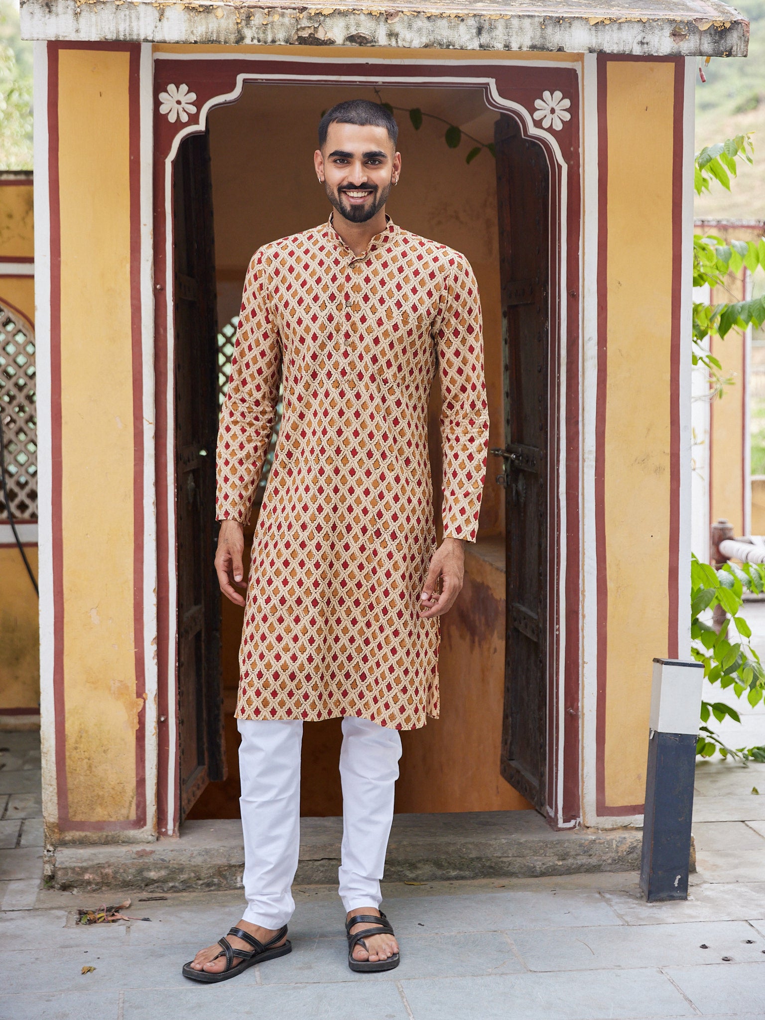 Cotton Red-Brown Booti Block Print Men's Ethnic Kurta