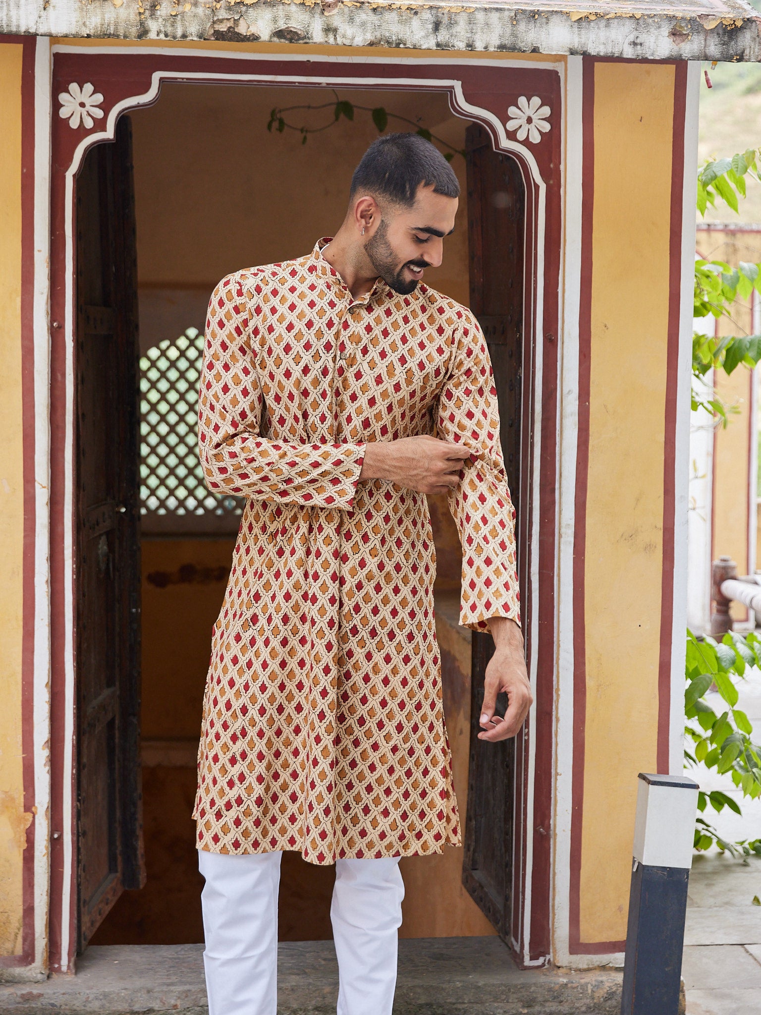 Cotton Red-Brown Booti Block Print Men's Ethnic Kurta