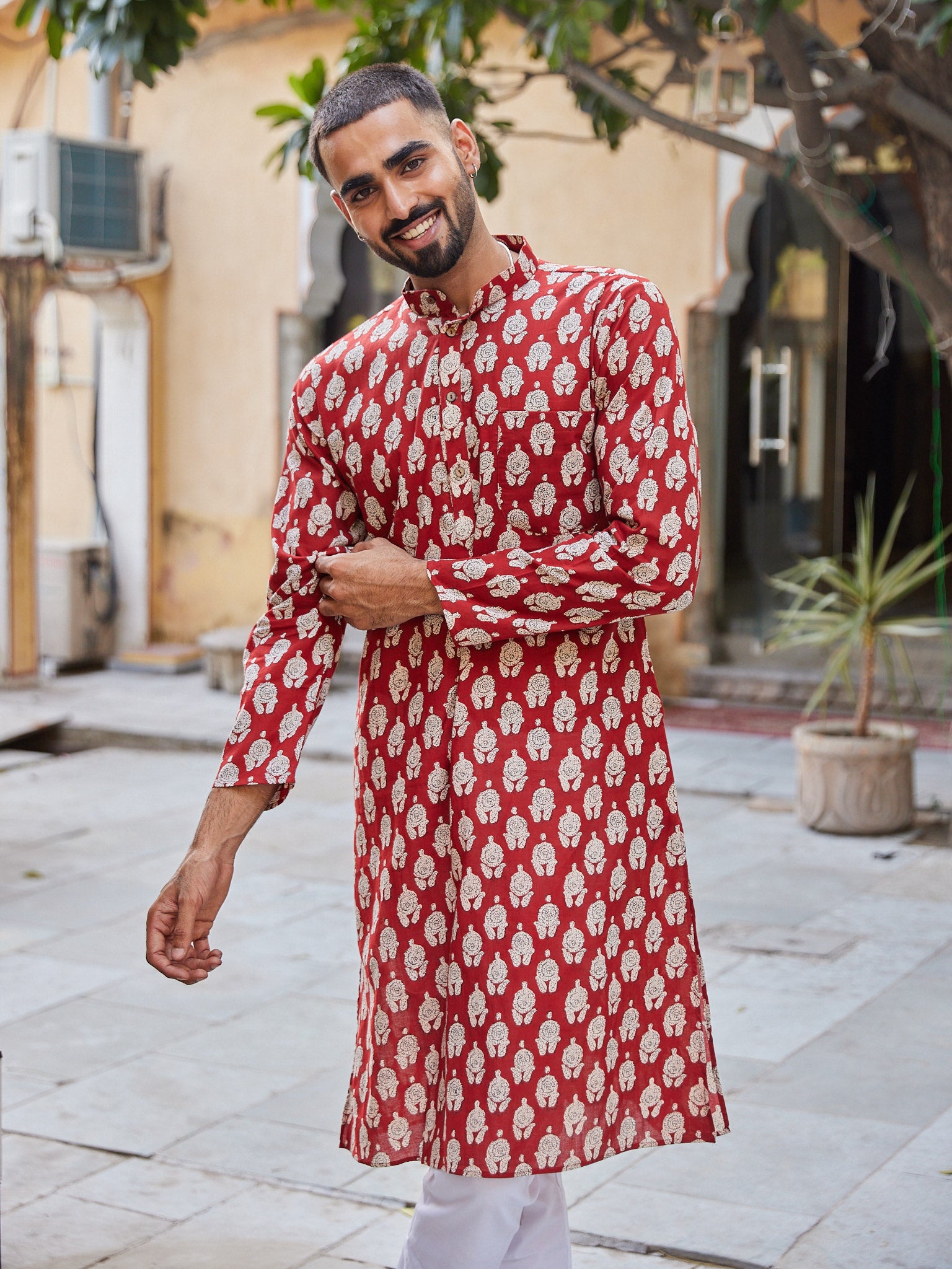 Cotton red-Cream Floral Men's Ethnic Kurta