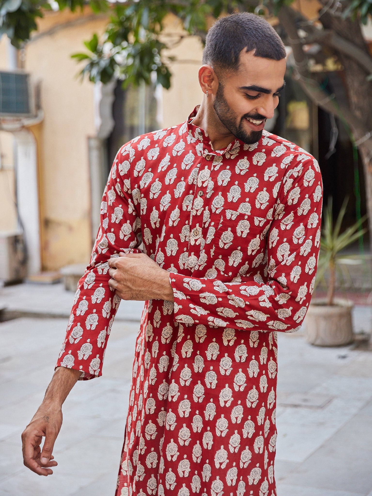 Cotton red-Cream Floral Men's Ethnic Kurta