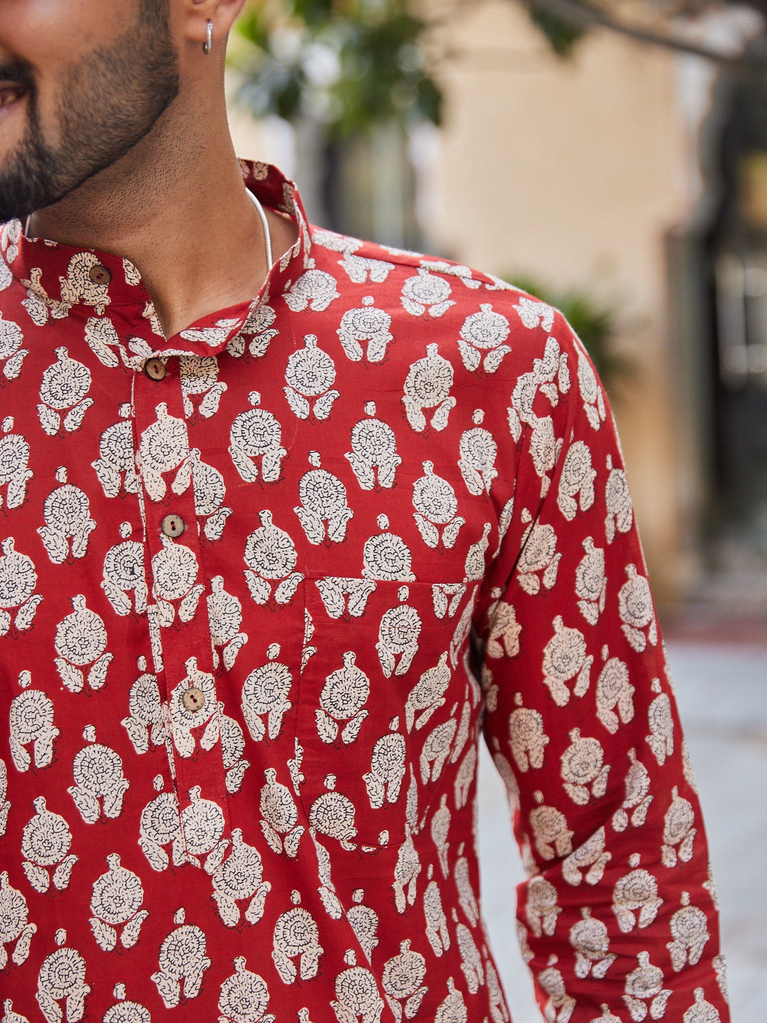 Cotton red-Cream Floral Men's Ethnic Kurta