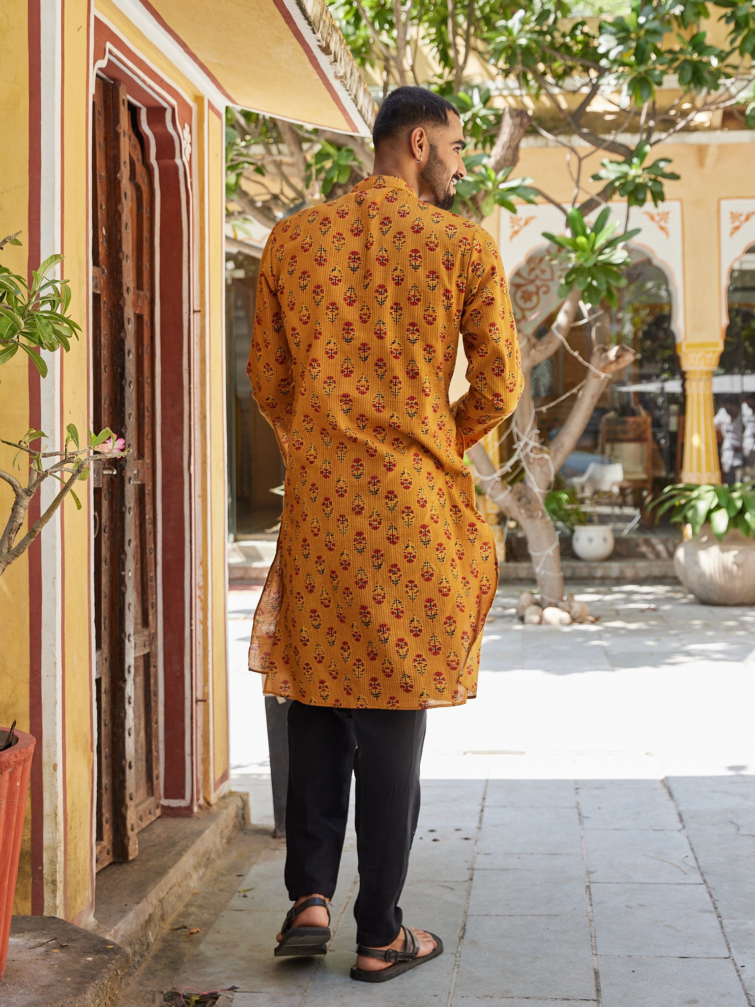 Cotton Mustard Booti Kantha Men's Ethnic Kurta