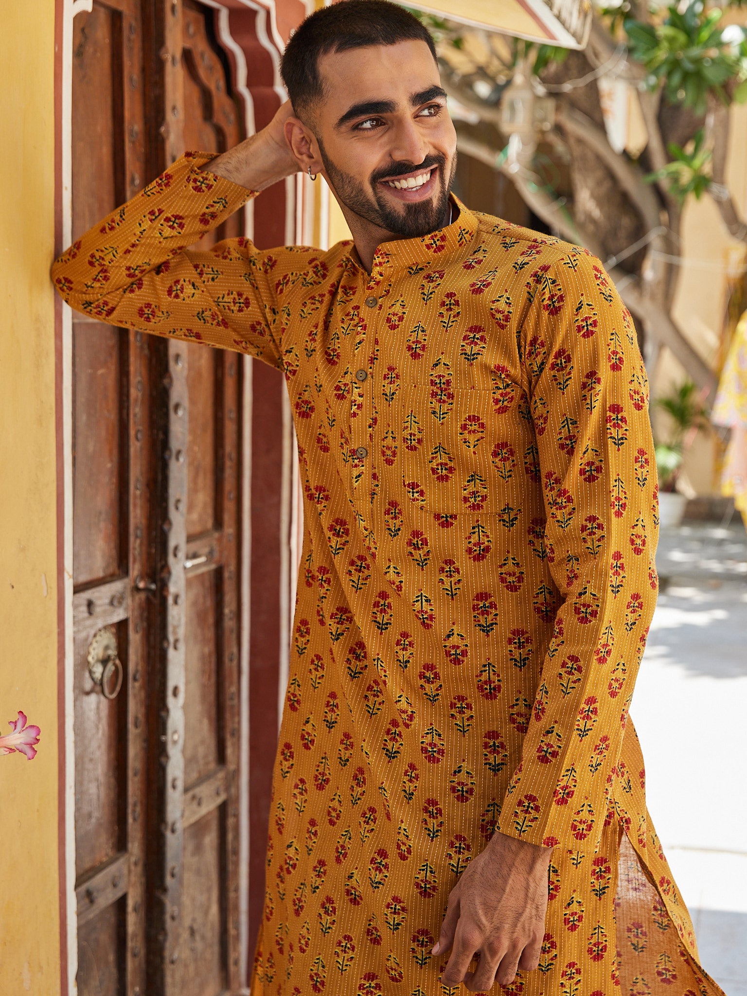 Cotton Mustard Booti Kantha Men's Ethnic Kurta