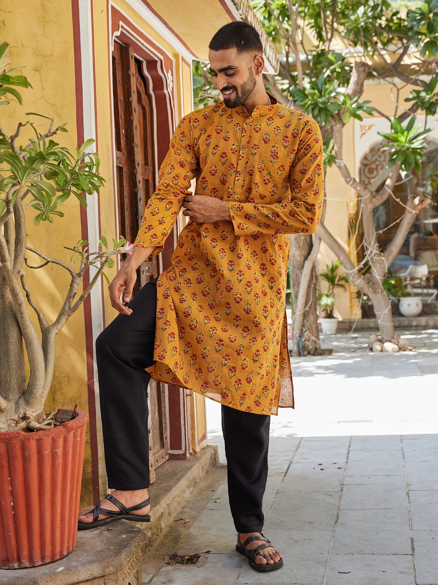 Cotton Mustard Booti Kantha Men's Ethnic Kurta