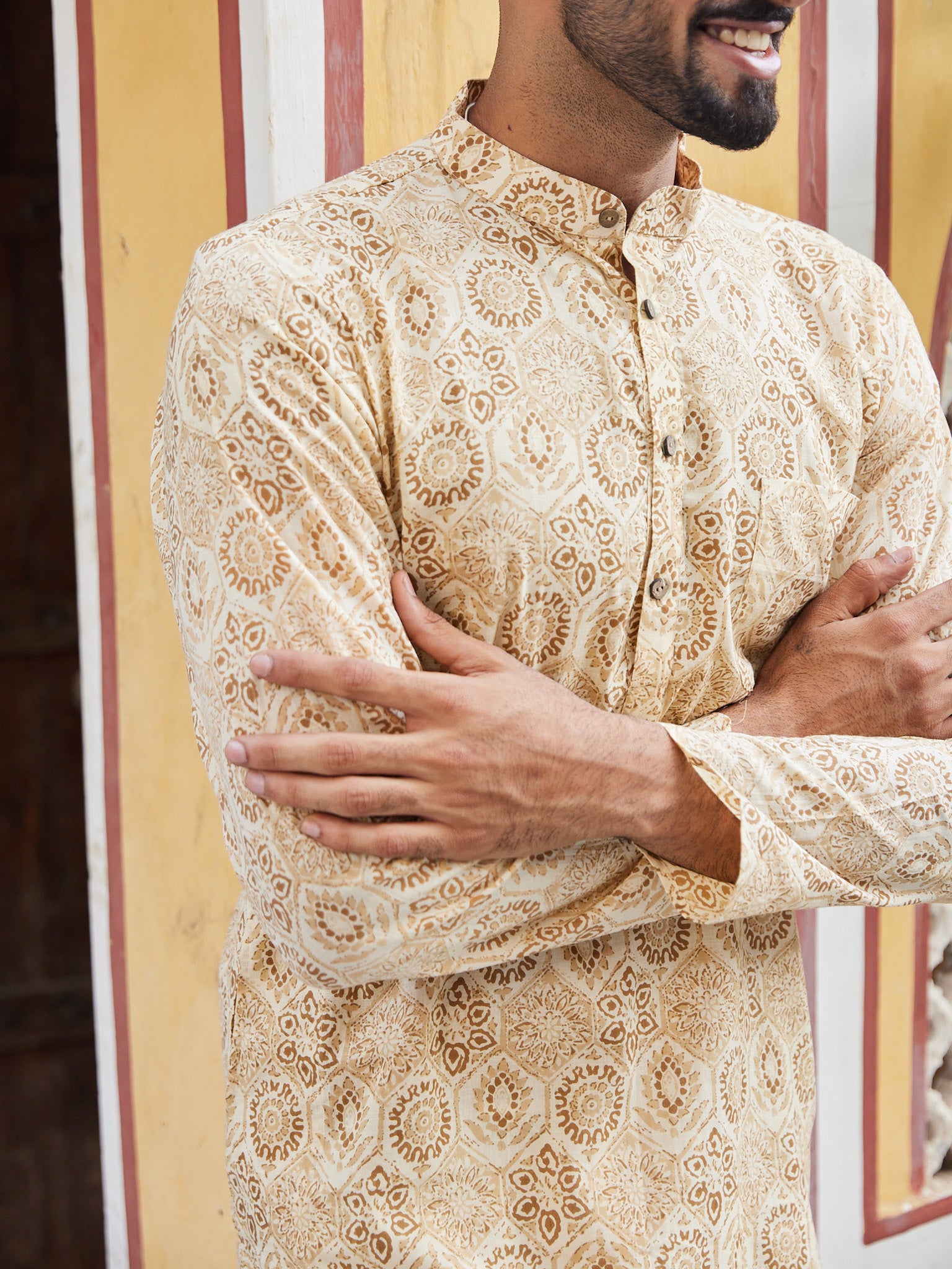 Cotton Cream-Brown Floral Men's Ethnic Kurta