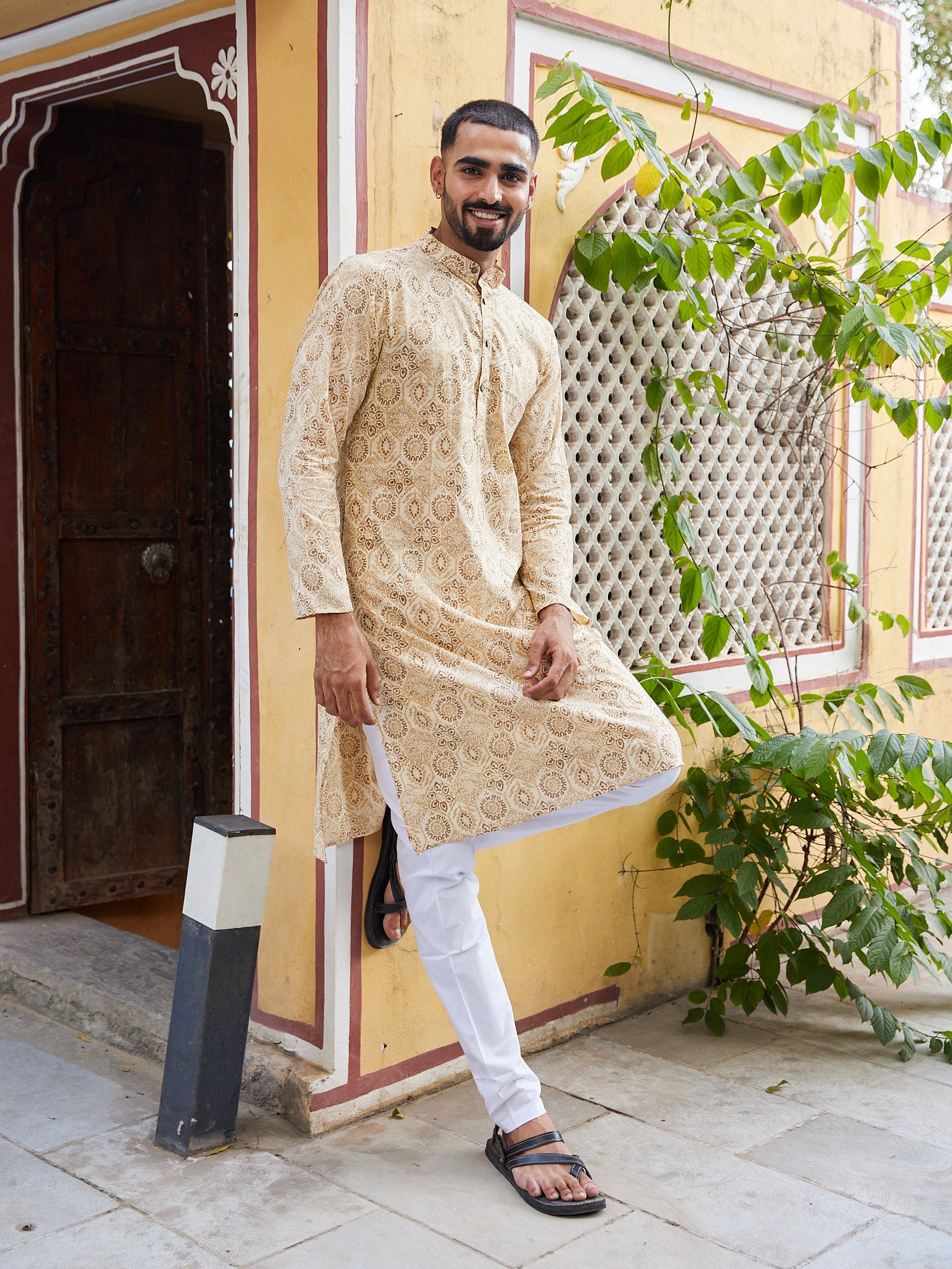 Cotton Cream-Brown Floral Men's Ethnic Kurta