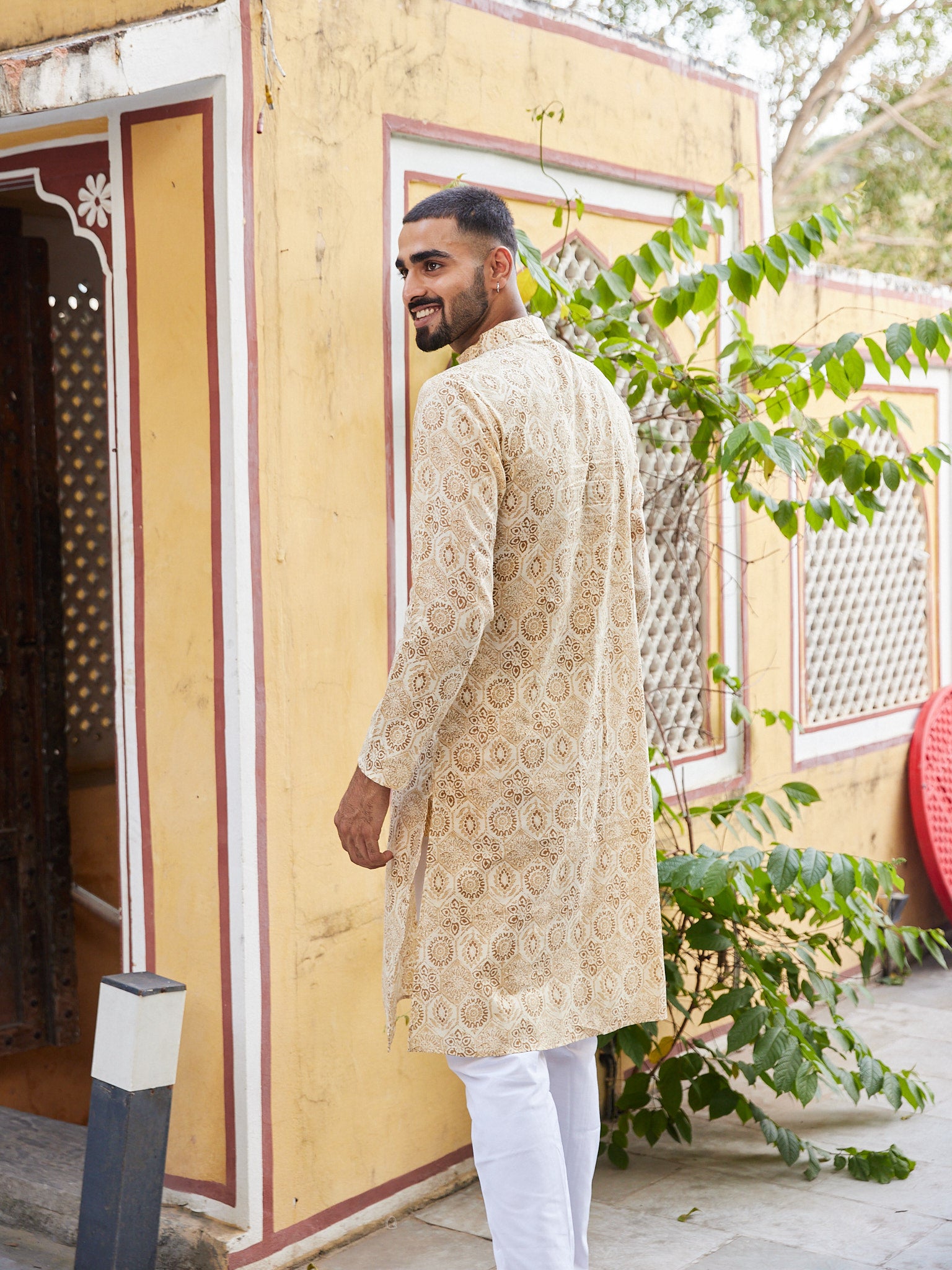 Cotton Cream-Brown Floral Men's Ethnic Kurta