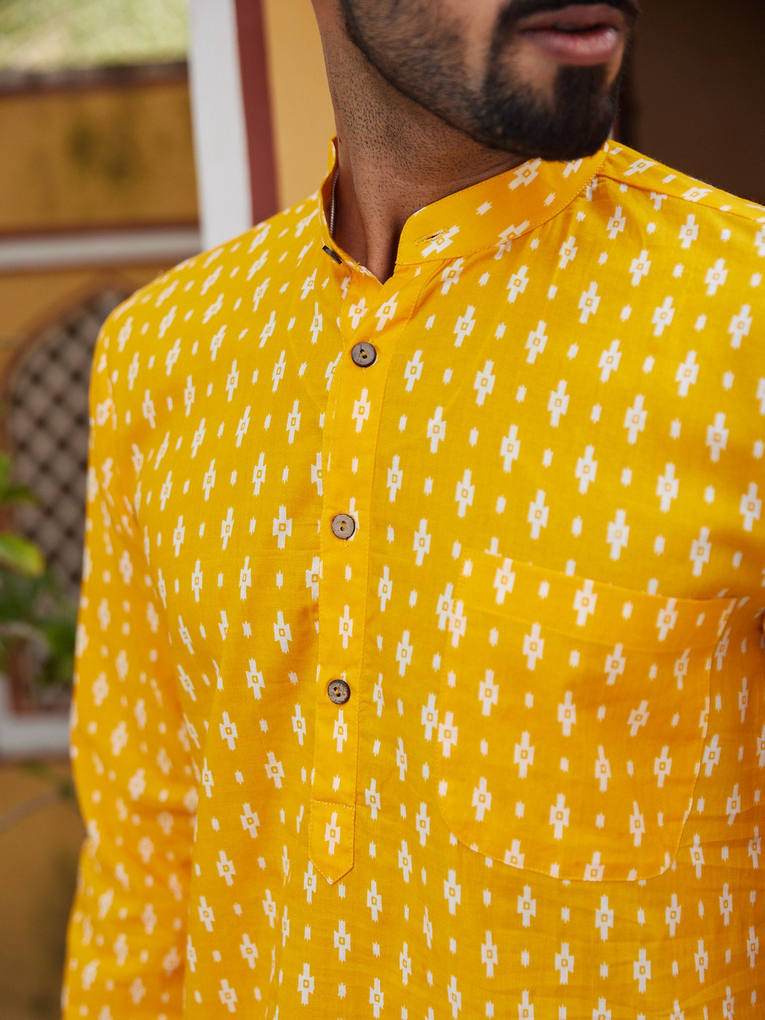 Cotton Yellow-White Geometric Men's Ethnic Kurta