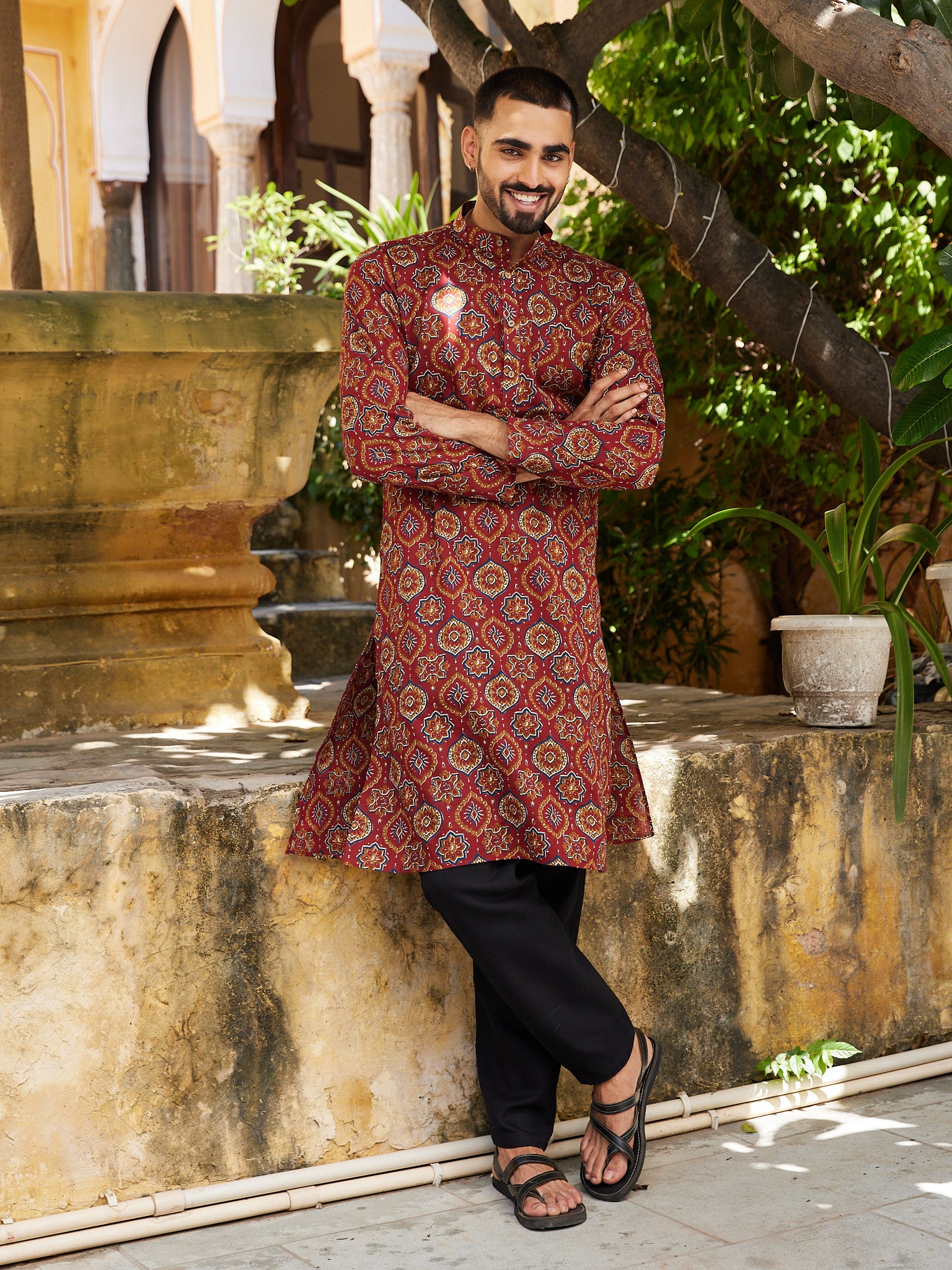 Cotton Red-Mustard Geometric Bagru Print Men's Ethnic Kurta