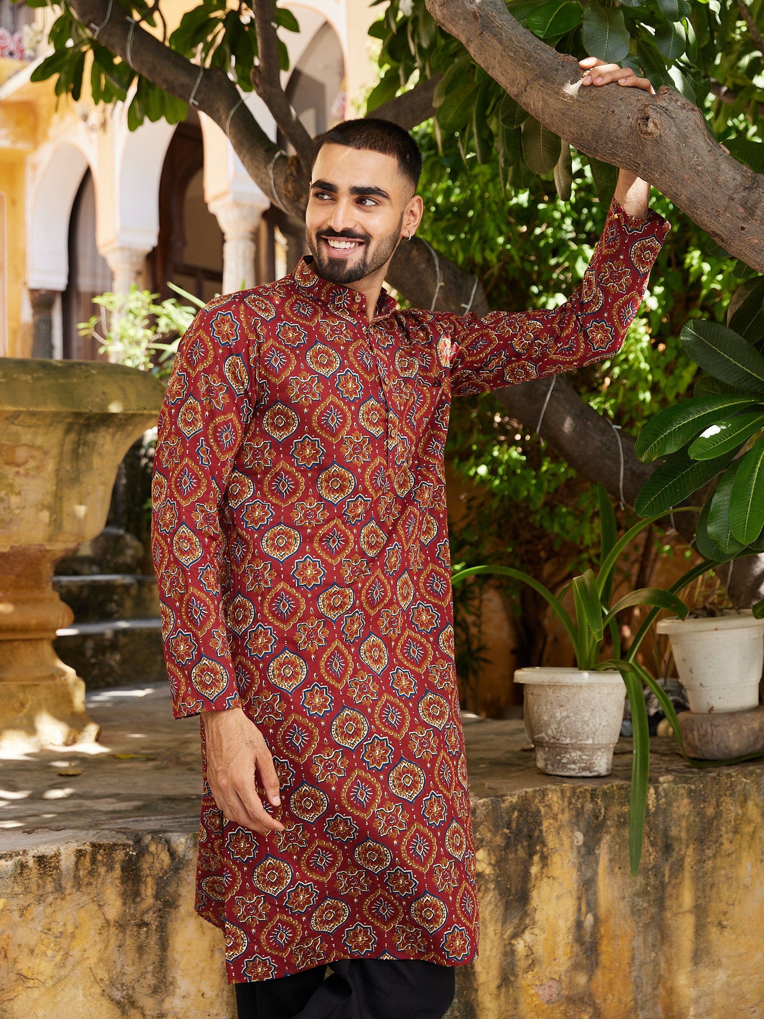 Cotton Red-Mustard Geometric Bagru Print Men's Ethnic Kurta