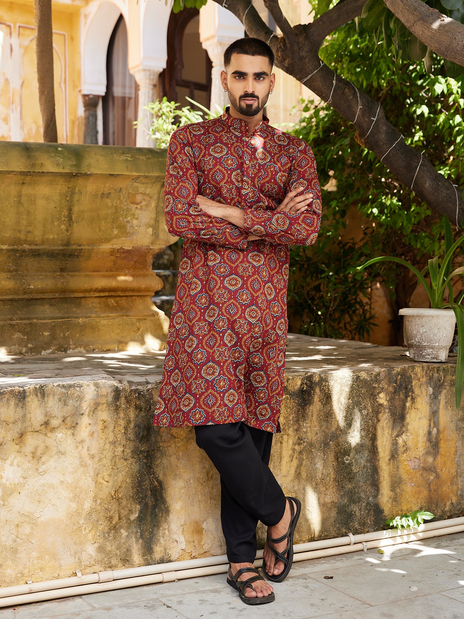 Cotton Red-Mustard Geometric Bagru Print Men's Ethnic Kurta