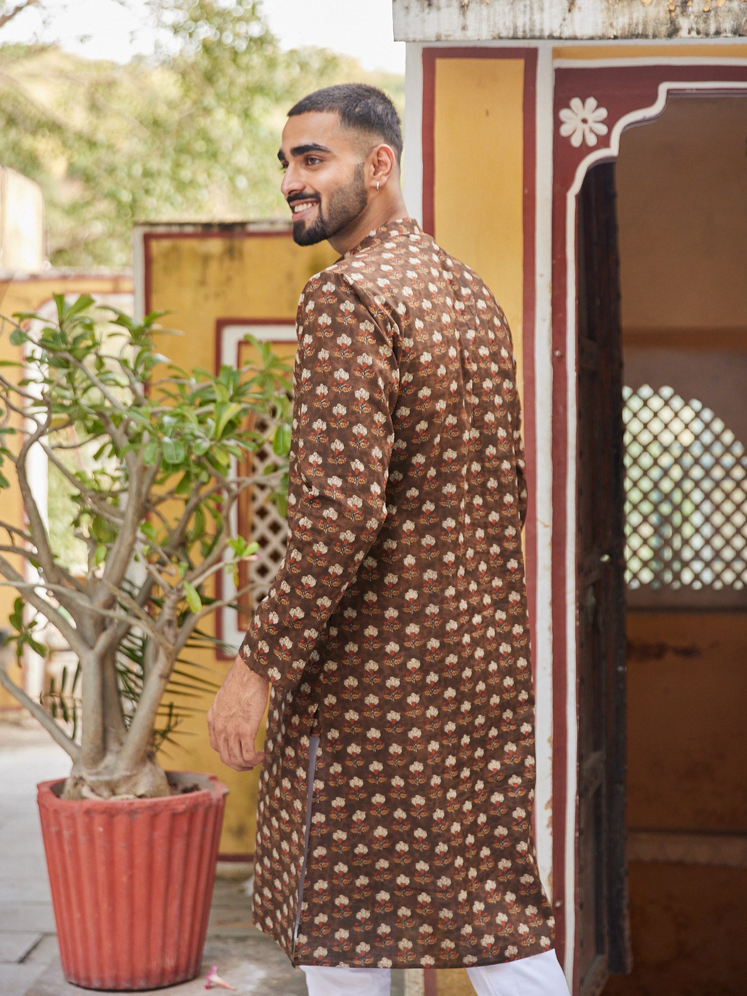 Cotton Brown-red Floral Men's Ethnic Kurta