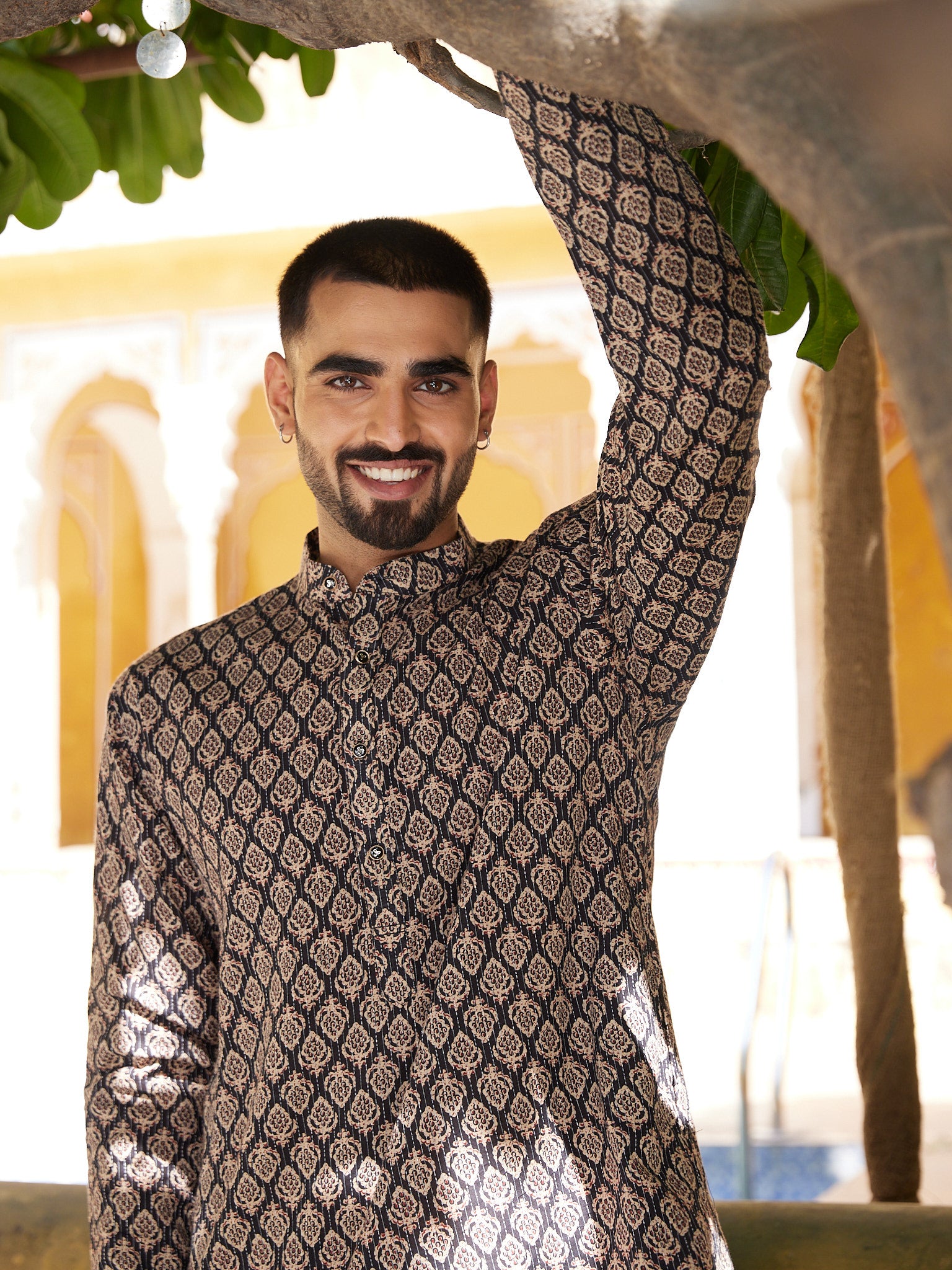 Cotton Black Kantha Work Men's Ethnic kurta