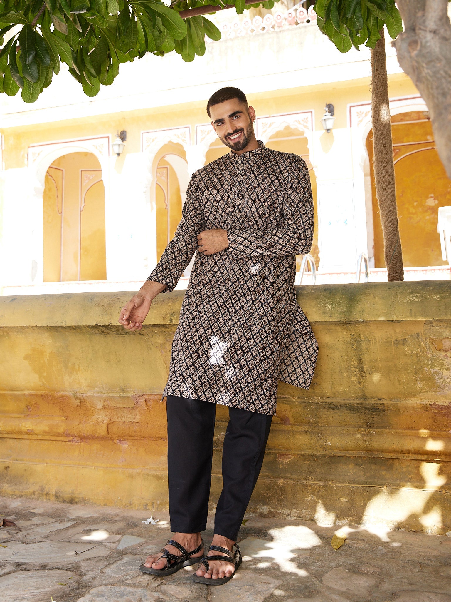 Cotton Black Kantha Work Men's Ethnic kurta