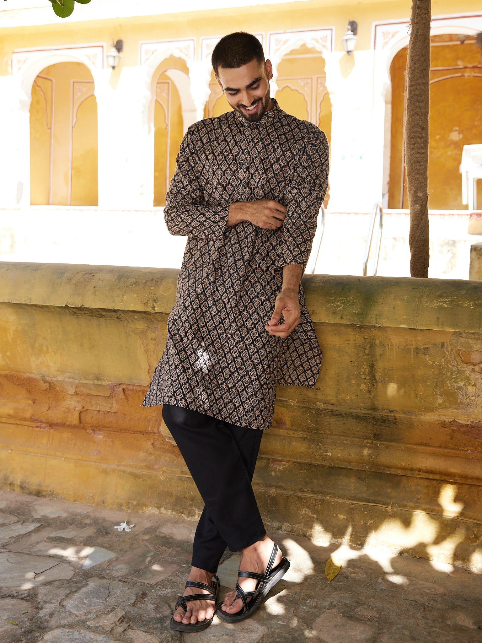 Cotton Black Kantha Work Men's Ethnic kurta