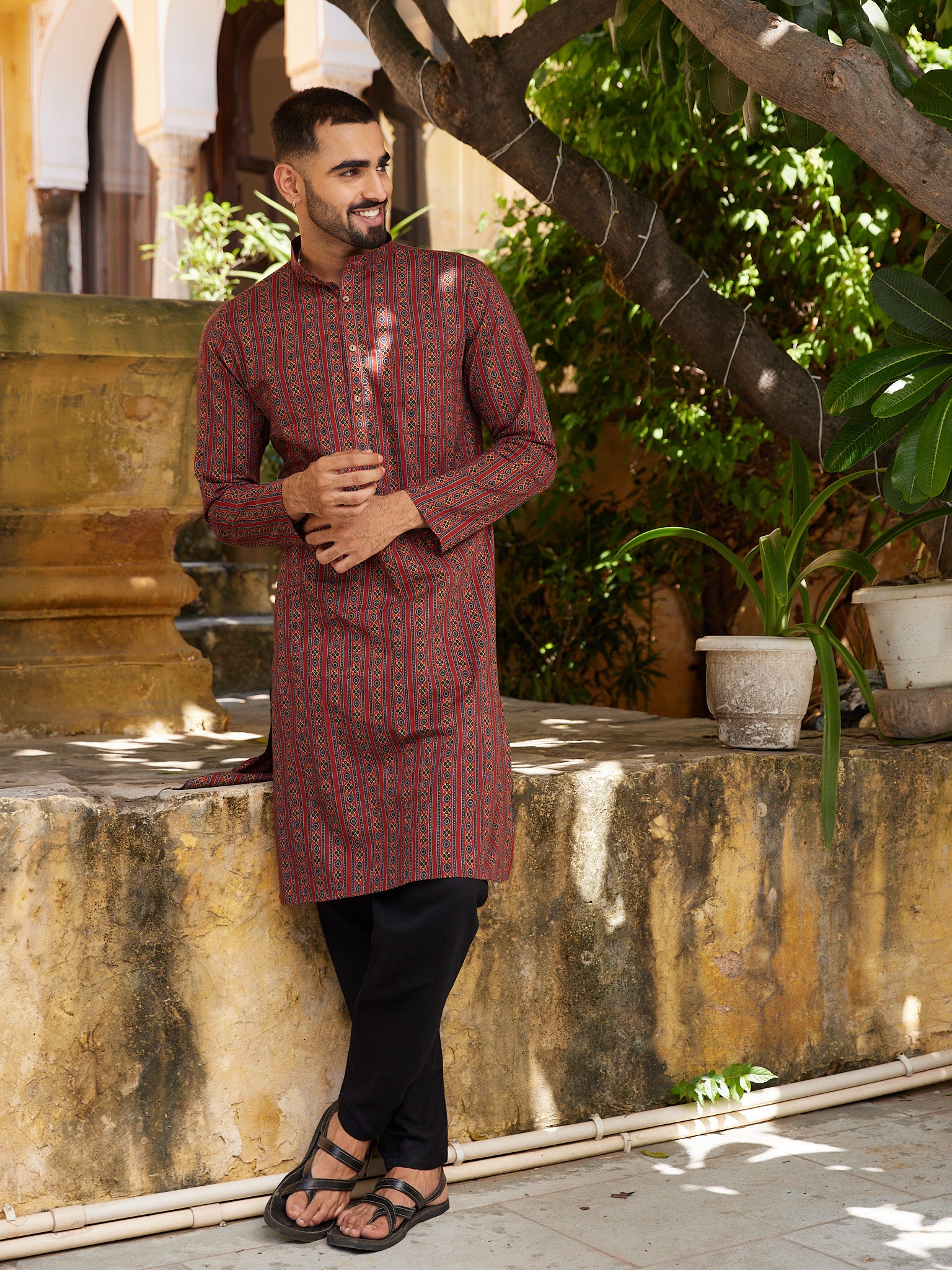 Cotton Red-Blue Men's Block Print Ethnic Kurta