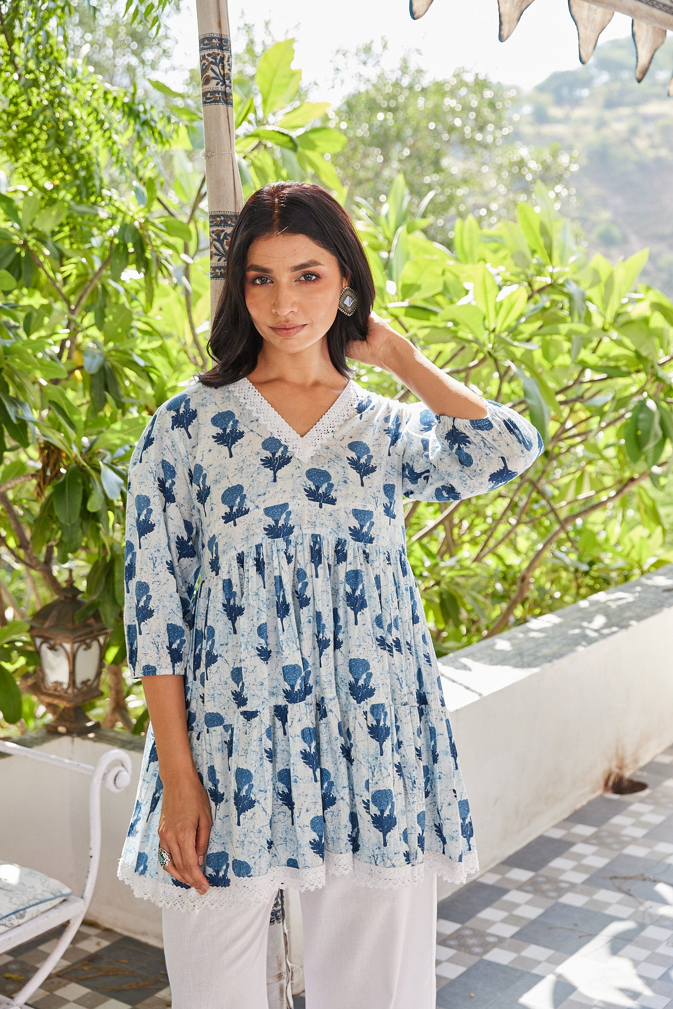 Cotton Blue Booti Floral Short Kurti