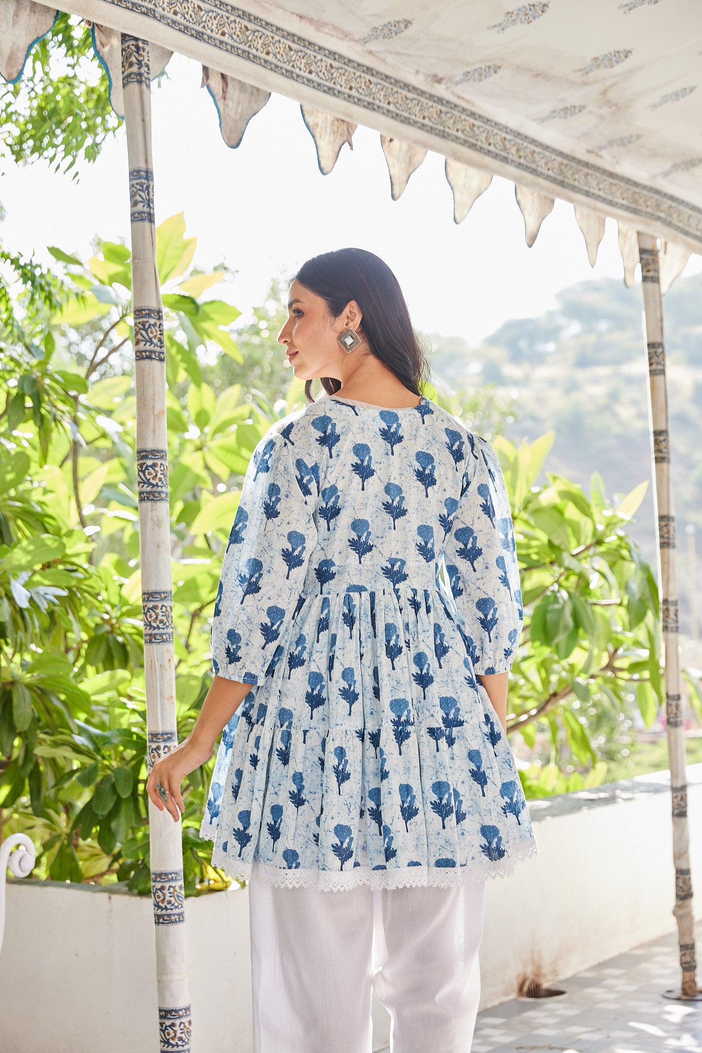 Cotton Blue Booti Floral Short Kurti