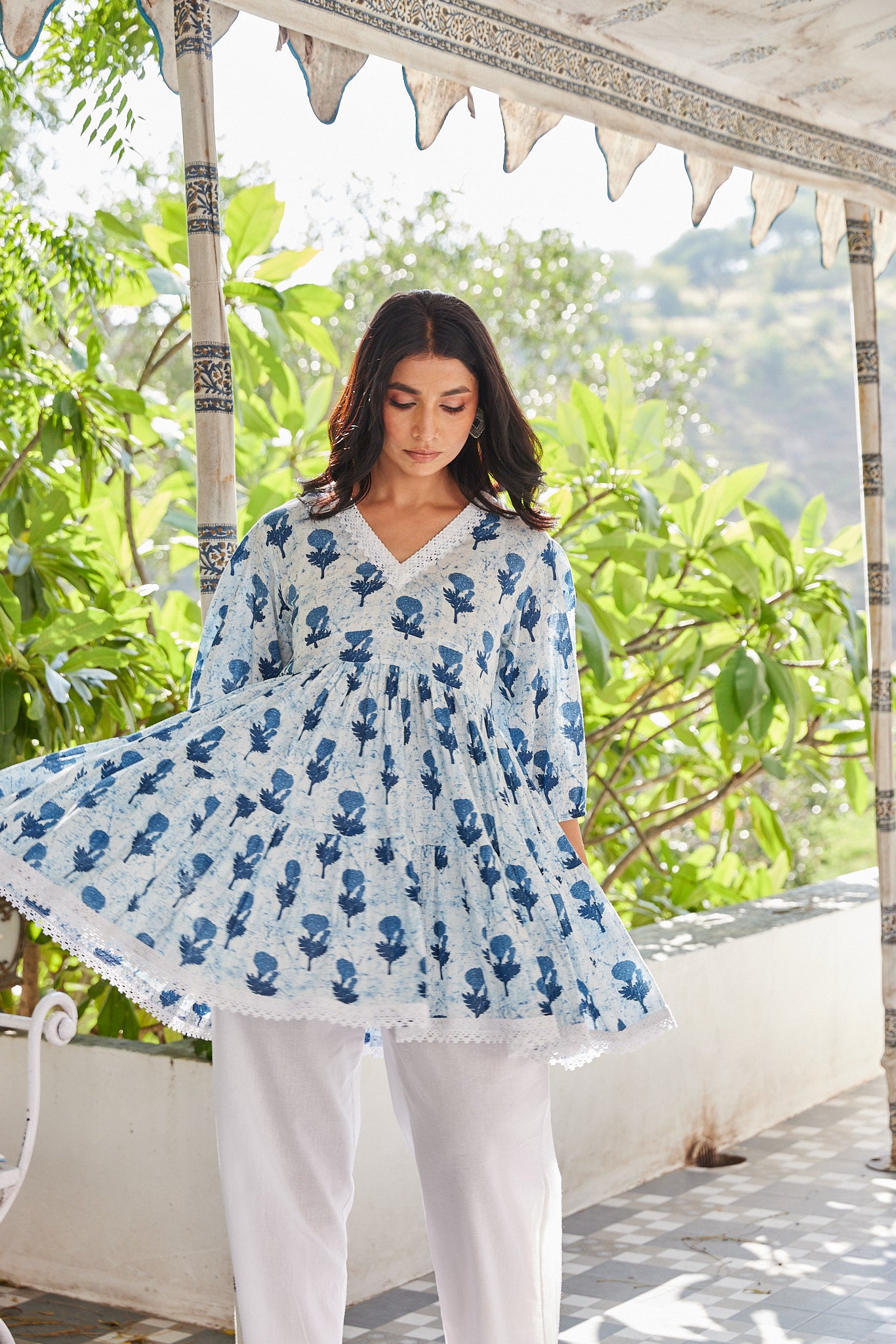 Cotton Blue Booti Floral Short Kurti