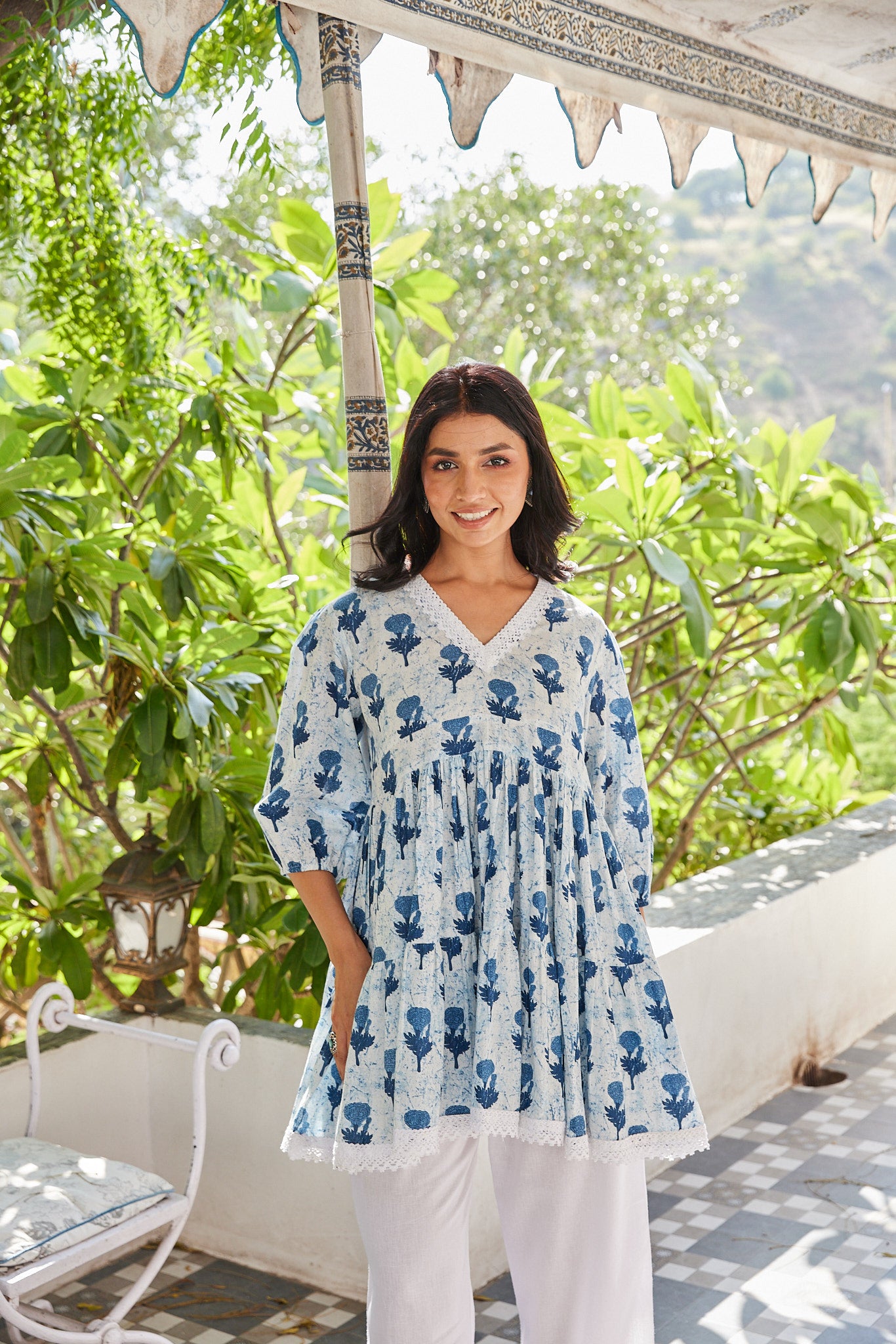 Cotton Blue Booti Floral Short Kurti