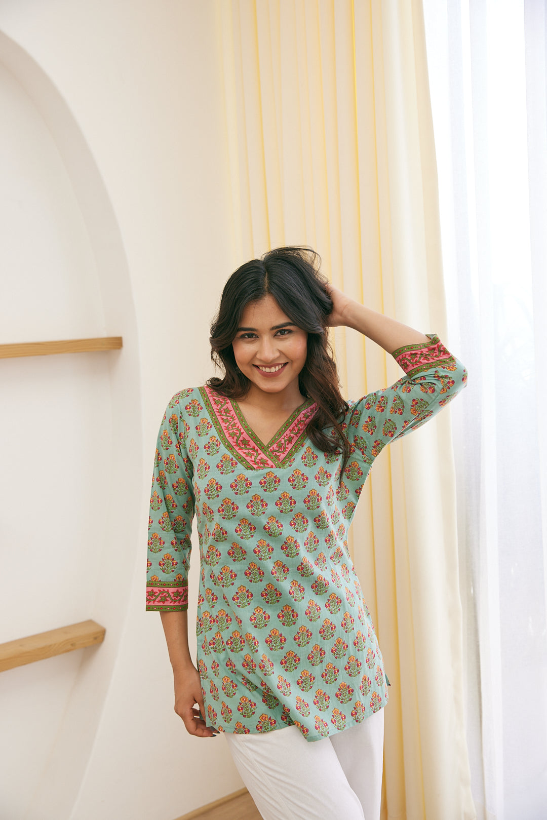 Sea Green Floral Booti Short Kurti