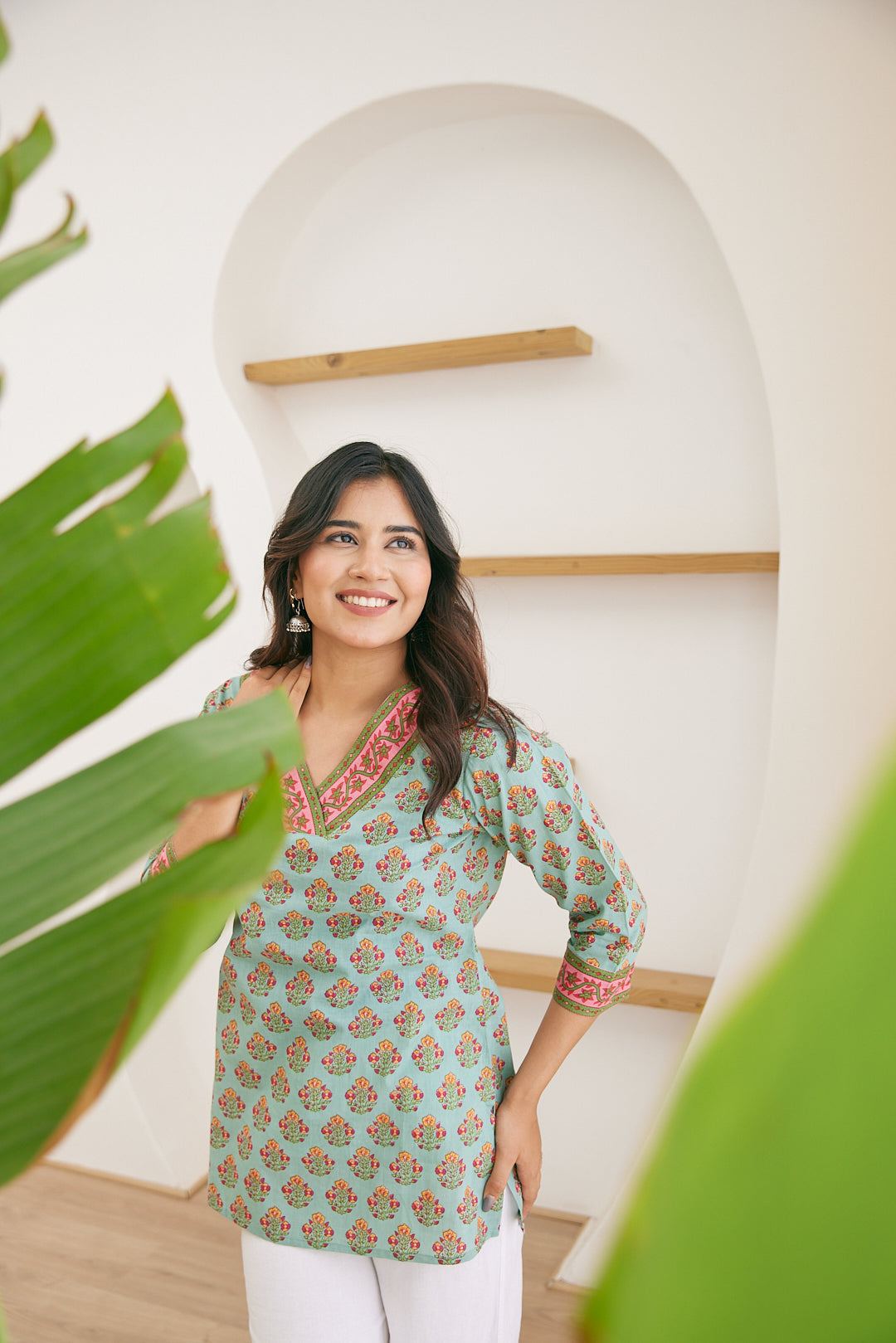 Sea Green Floral Booti Short Kurti