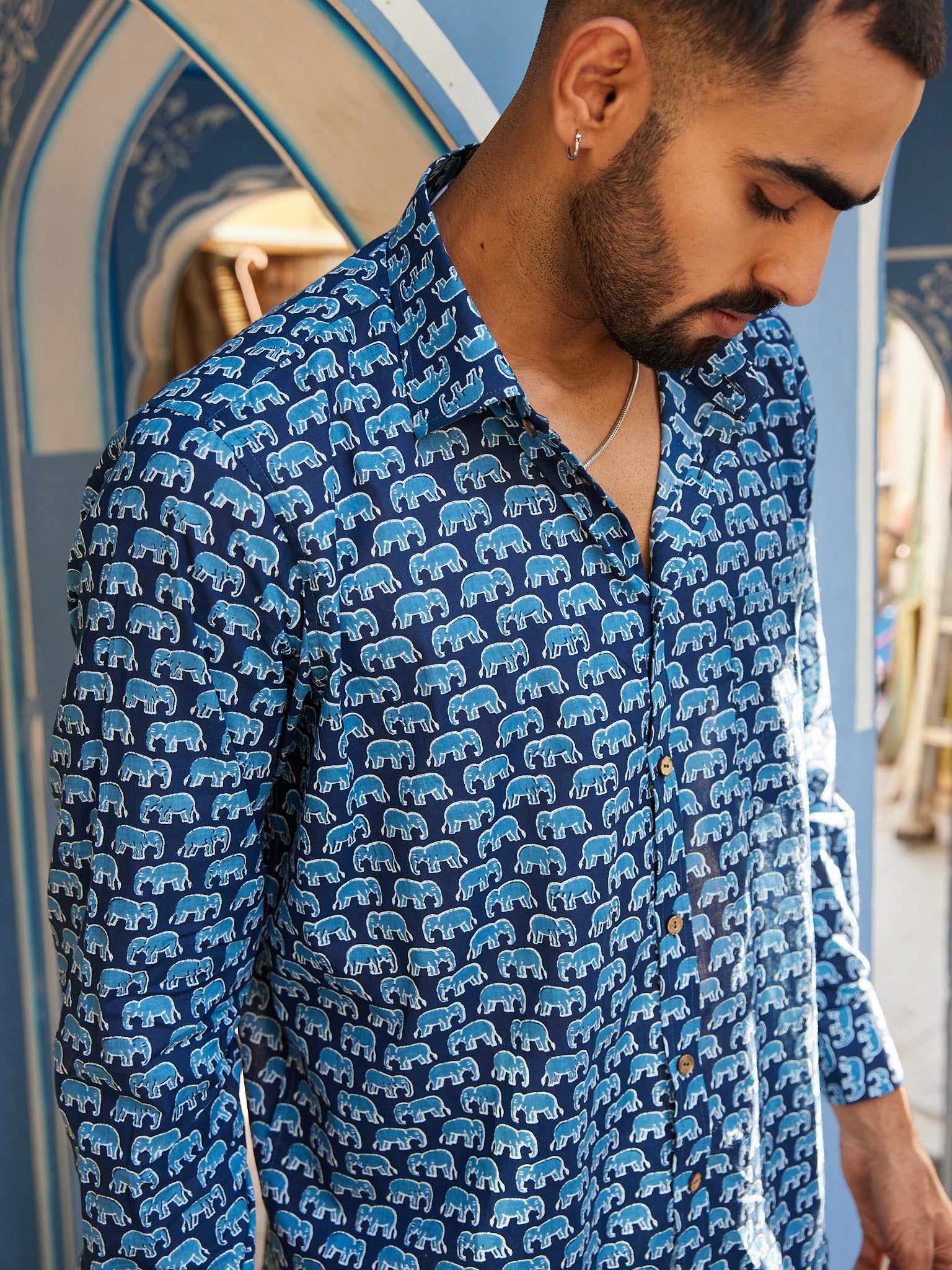 Cotton Men's Blue Elephant Full Sleeves Shirt