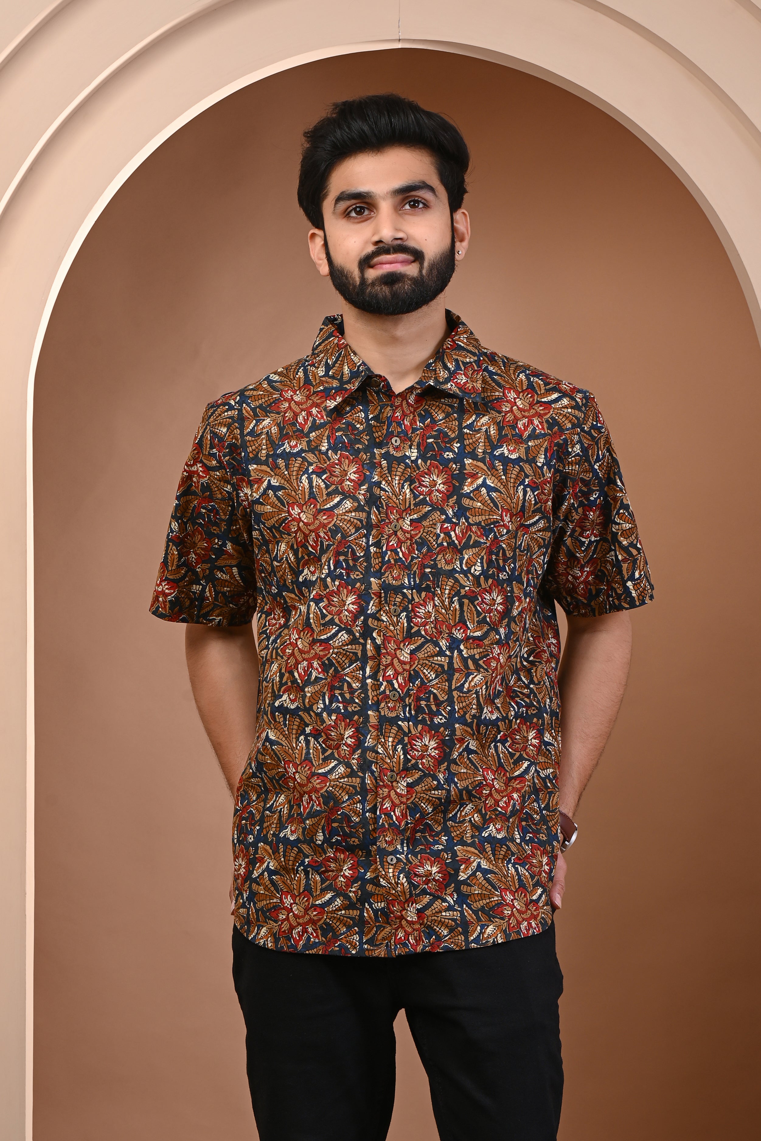 Cotton Comfort Fit Red Brown Garden Block Print Half Sleeves Men's Shirt