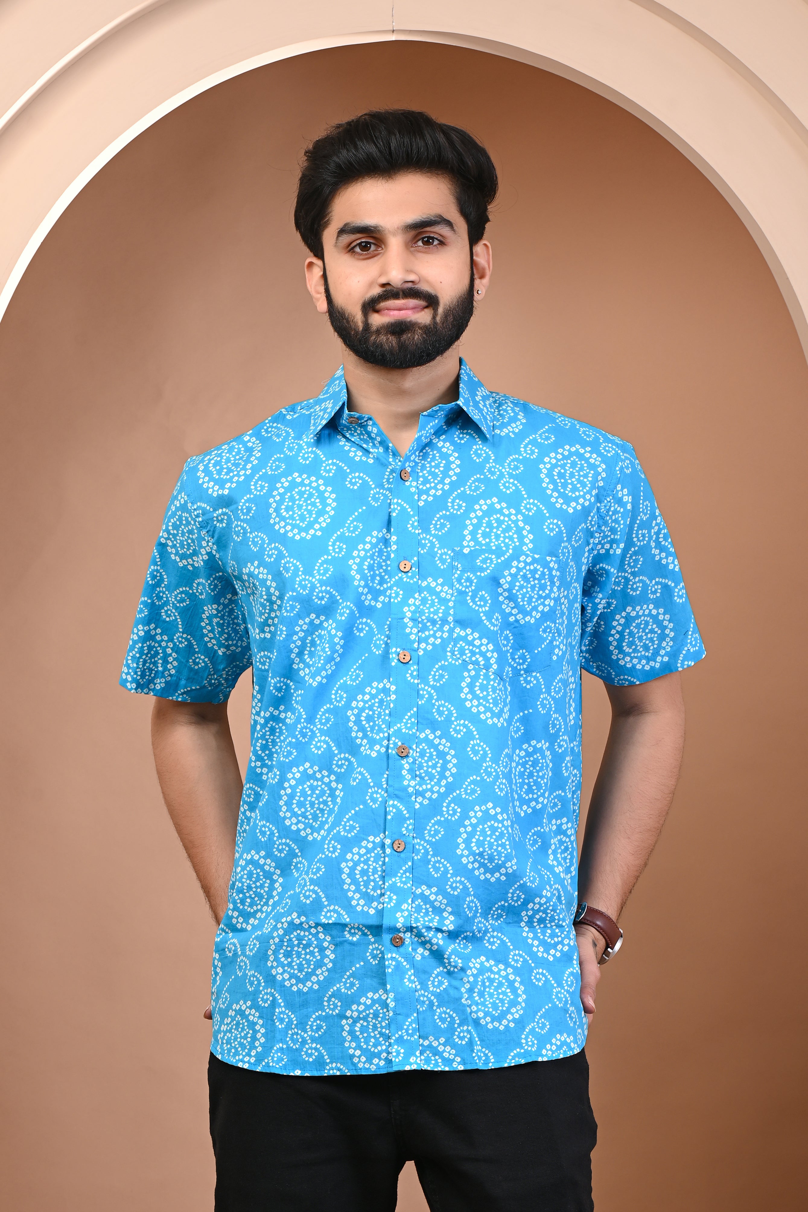 Cotton Comfort Fit Blue White Bandhni Half Sleeves Men's Shirt