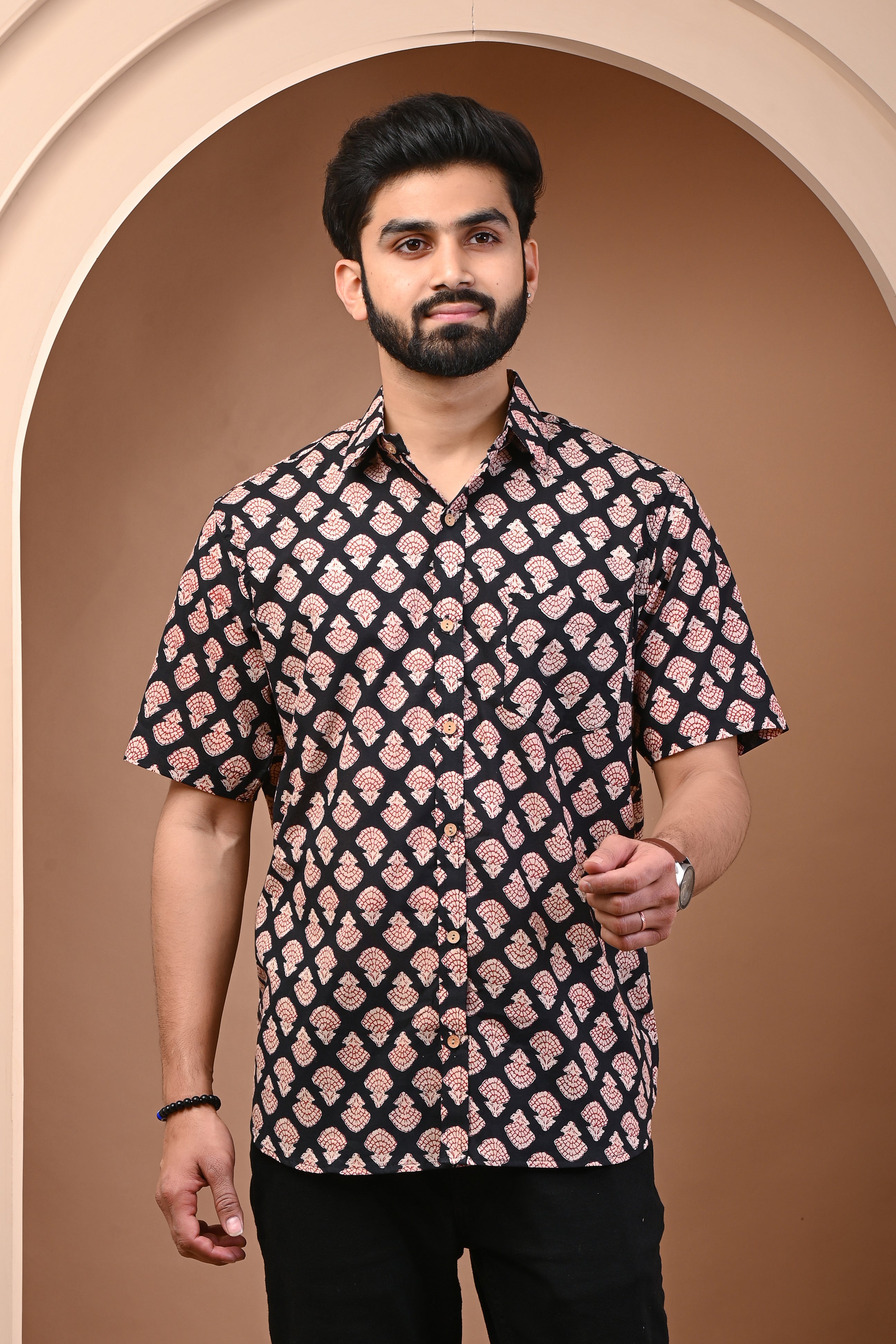 Cotton Black Floral Cream Floral Men's Half Sleeves Shirt