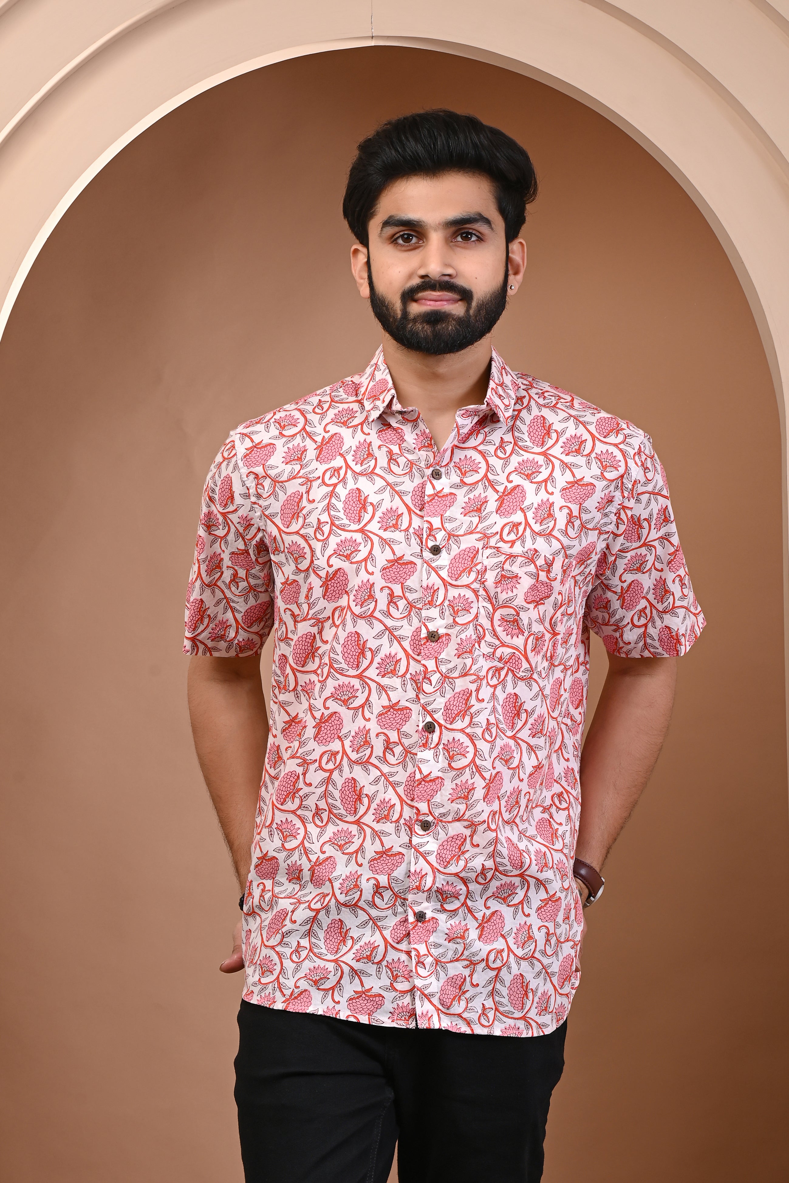 Cotton Comfort Fit White Floral Print Half Sleeves Men's Shirt