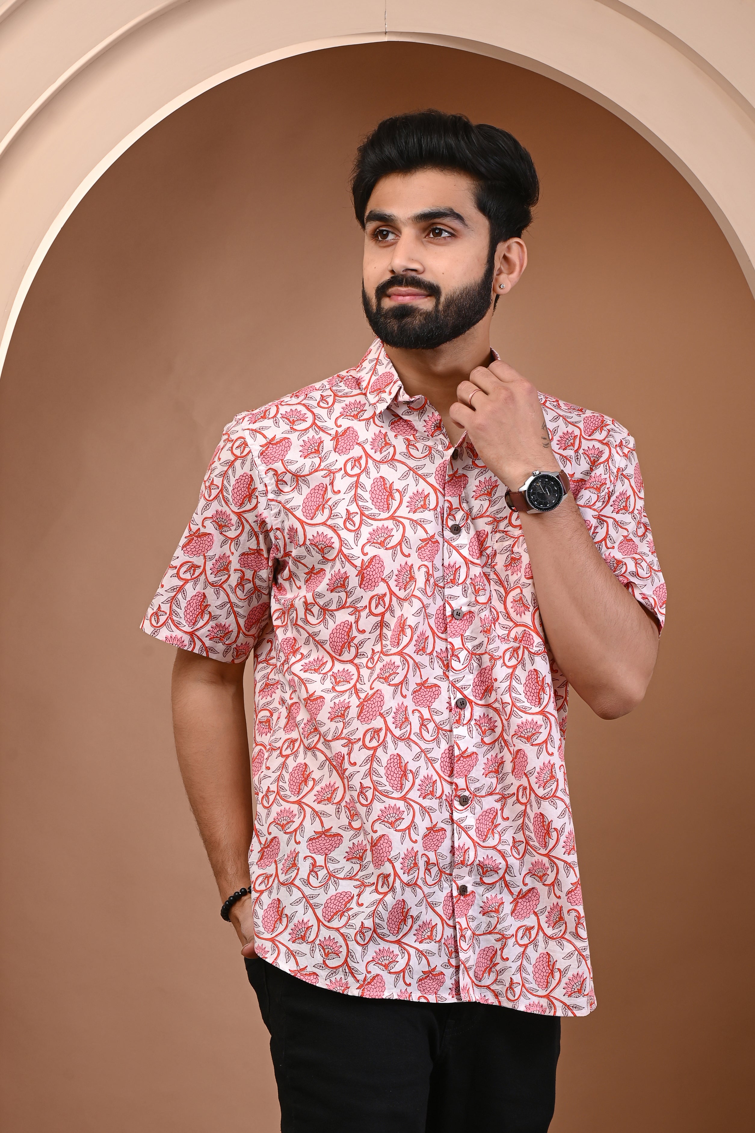 Cotton Comfort Fit Pink Floral Print Half Sleeves Men s Shirt