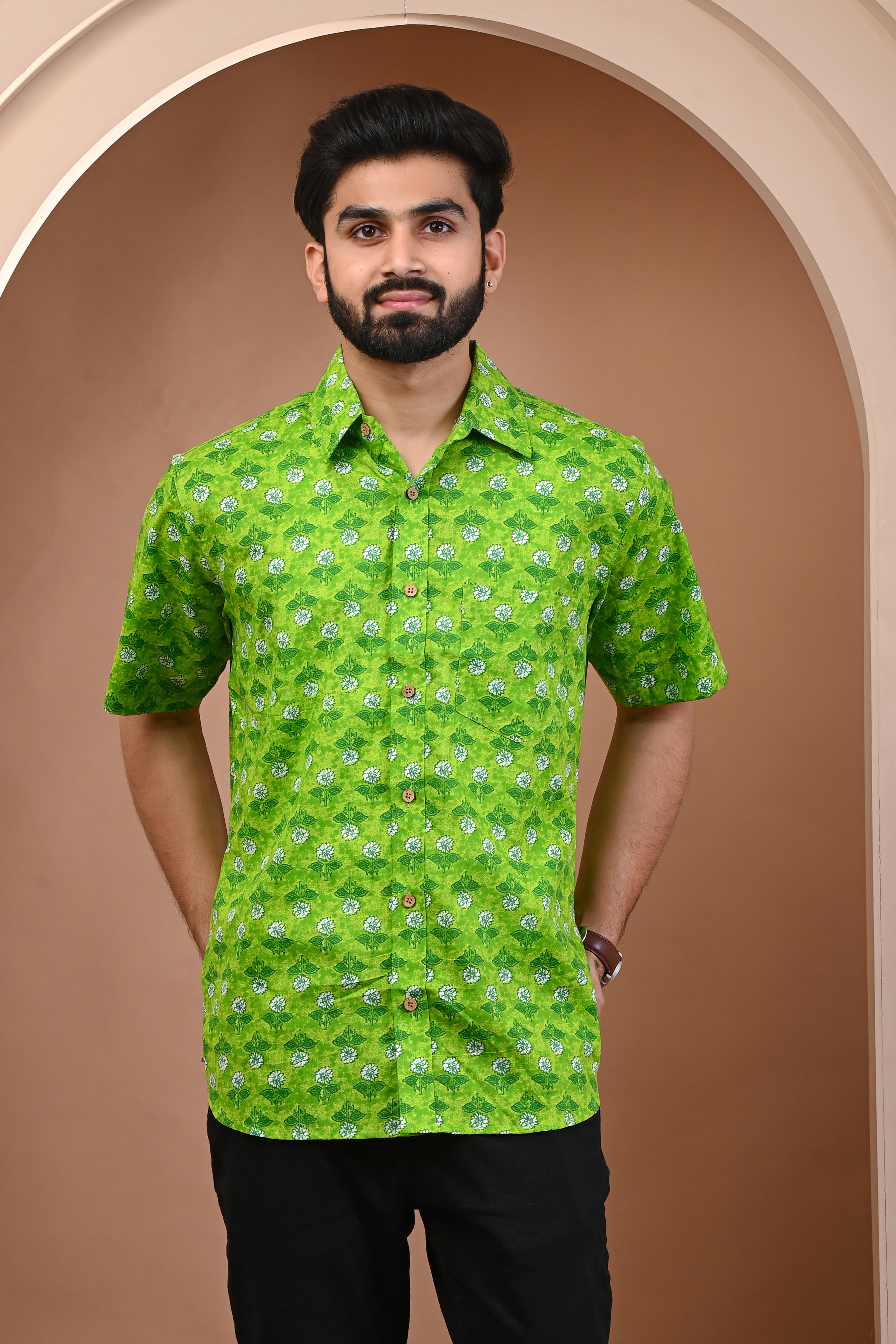 Cotton Comfort Green Garden Floral Print Half Sleeves Men's Shirt