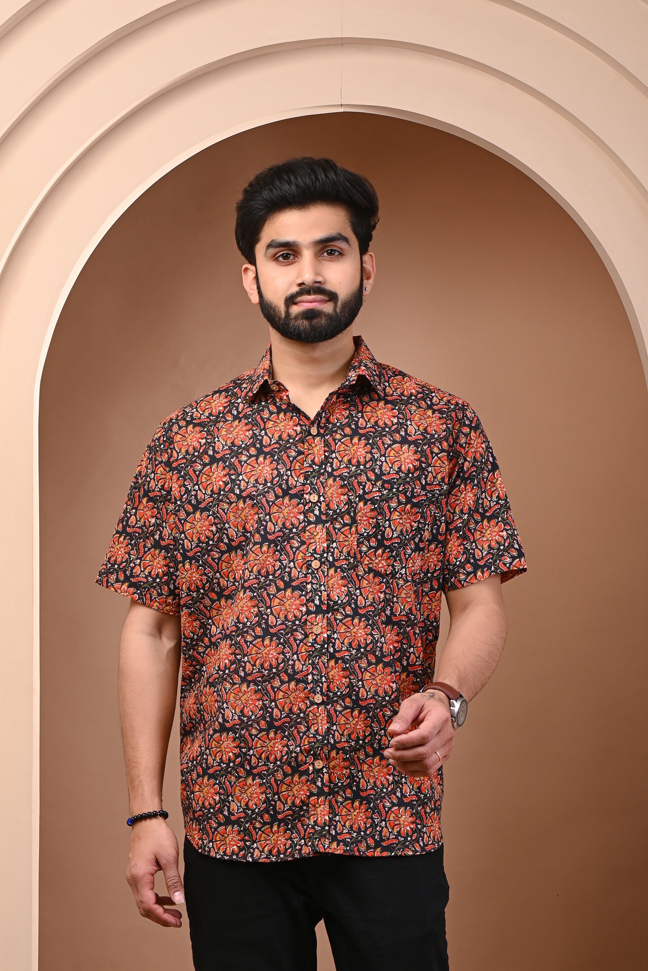 Cotton Black Red Floral Men's Half Sleeves Shirt