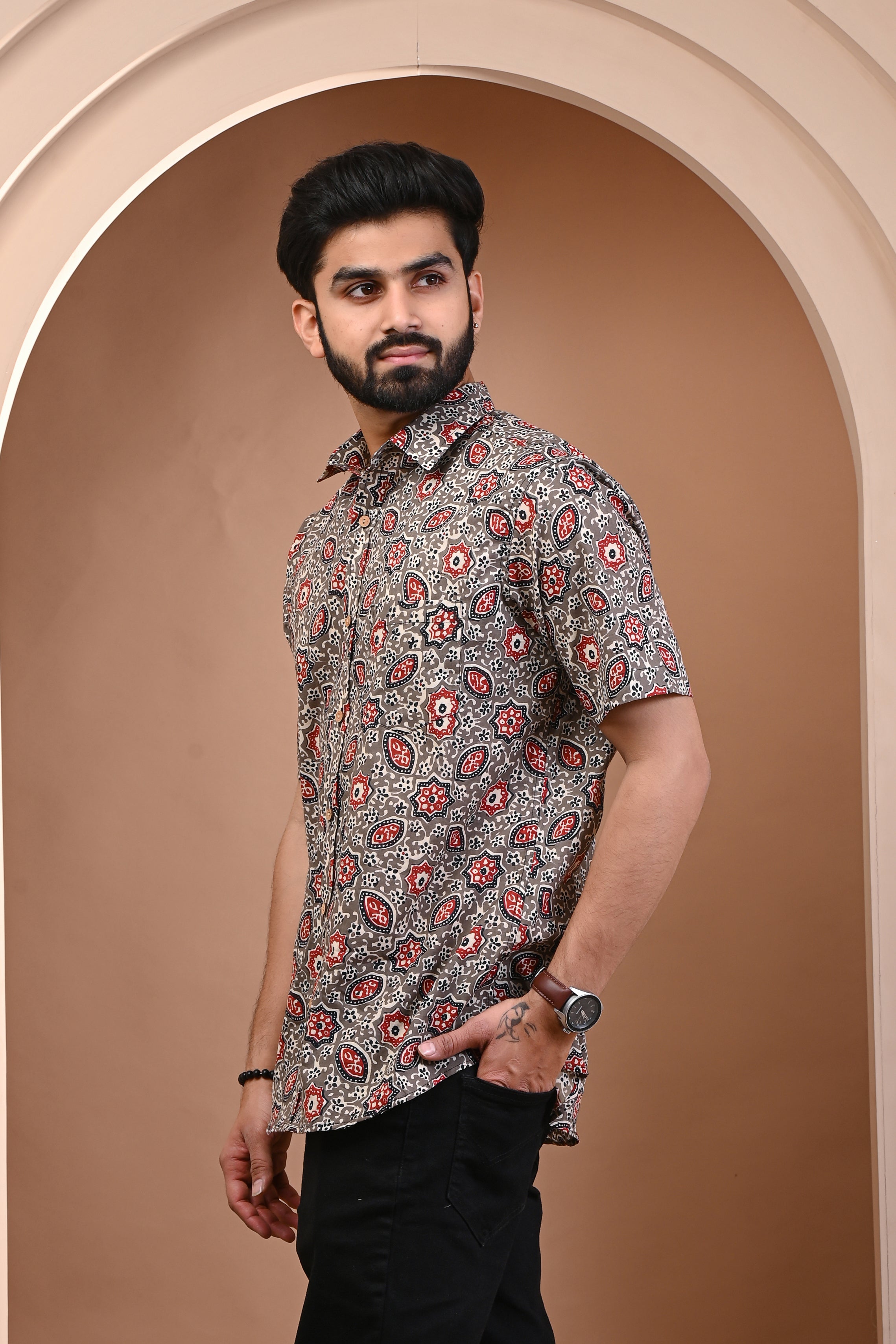 Cotton Comfort Fossil Red Leaf Print Half Sleeves Men's Shirt