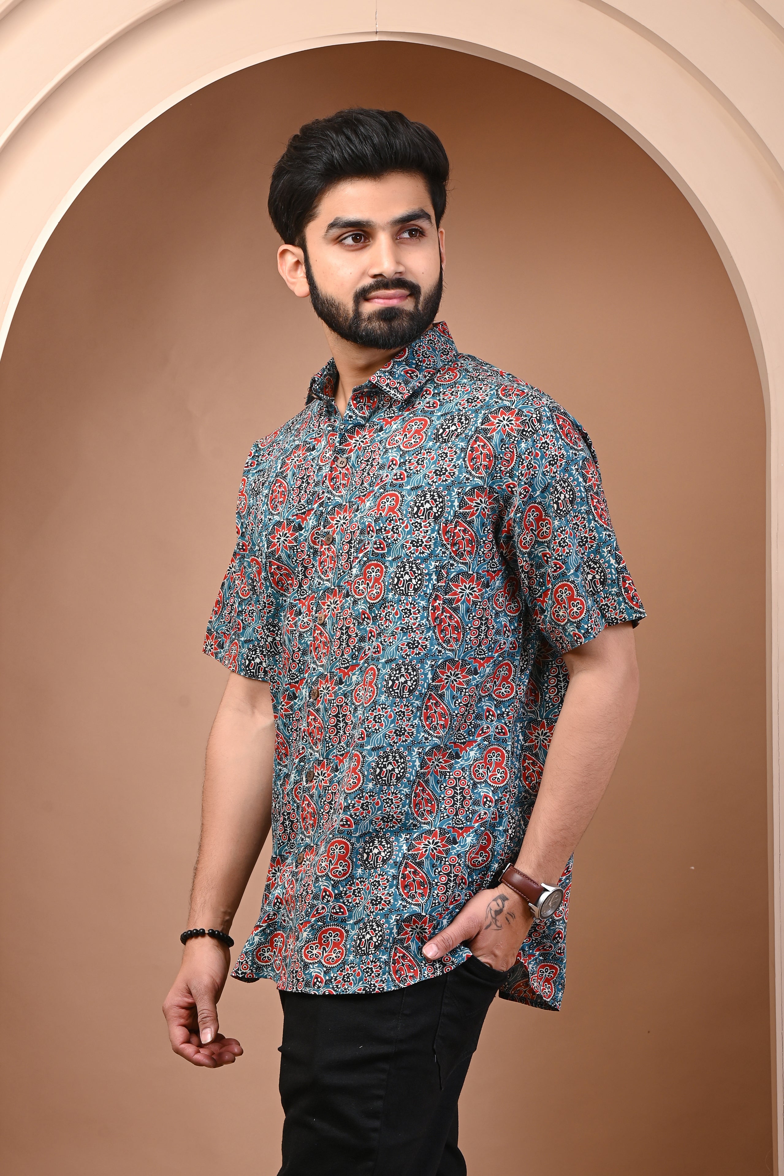 Cotton Comfort Slate Blue Floral Print Half Sleeves Men's Shirt