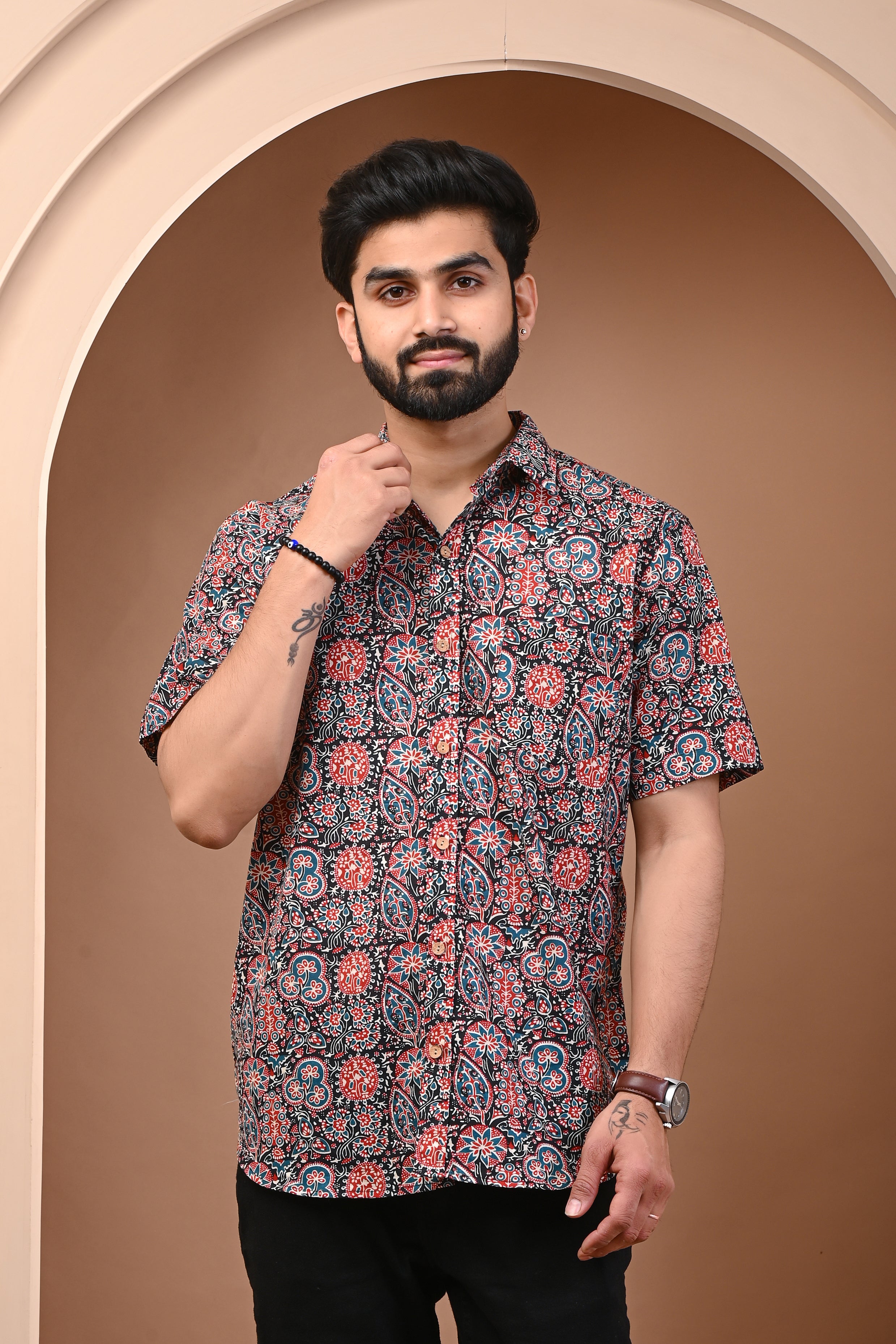 Cotton Red Stone Floral Men's Half Sleeves Shirt