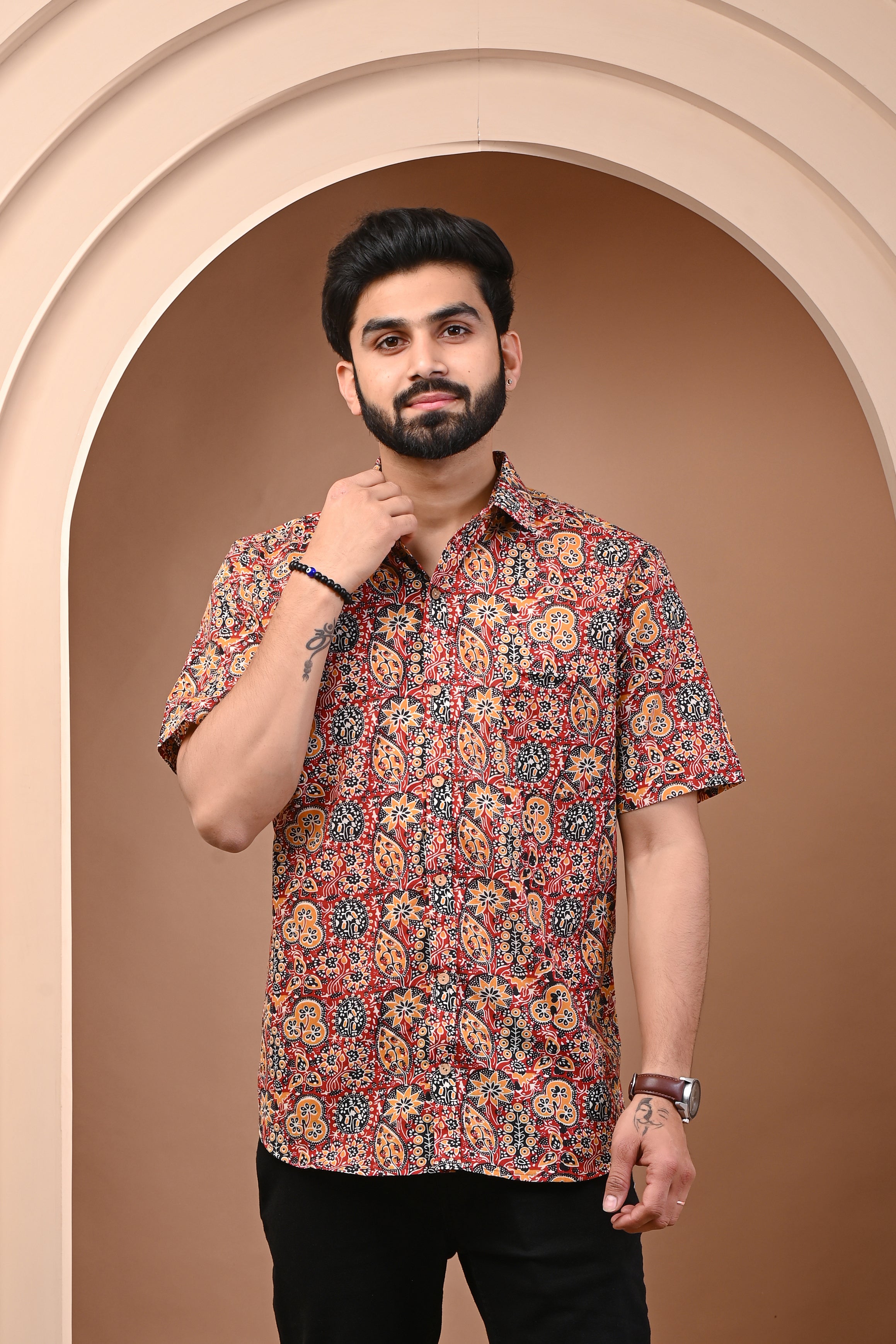 Cotton Mustard Red Floral Men's Half Sleeves Shirt