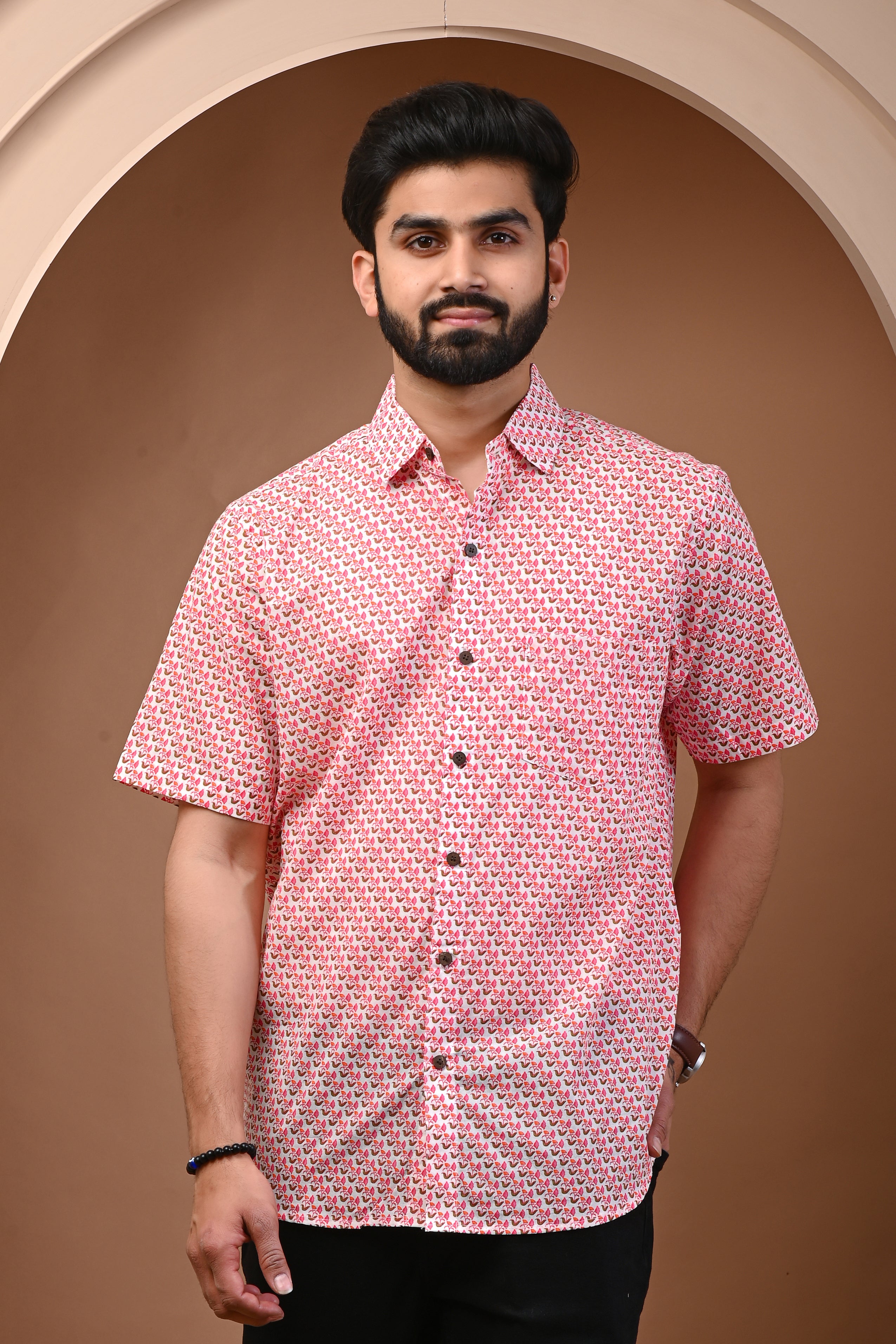 Cotton Comfort Fit Pink Little Floral Print Half Sleeves Mens Shirt