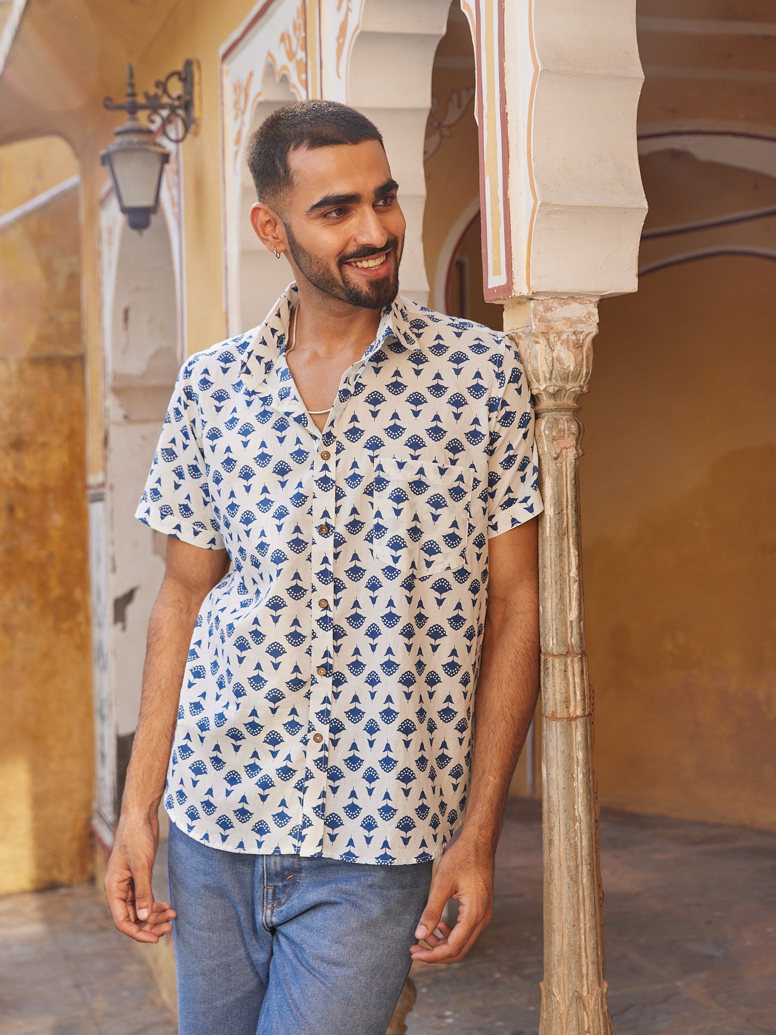 Cotton Men's Half Sleeves Blue Floral Print Shirt