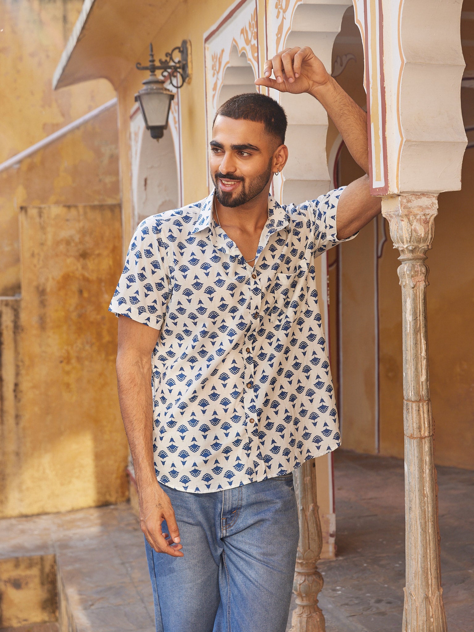 Cotton Men's Half Sleeves Blue Floral Print Shirt