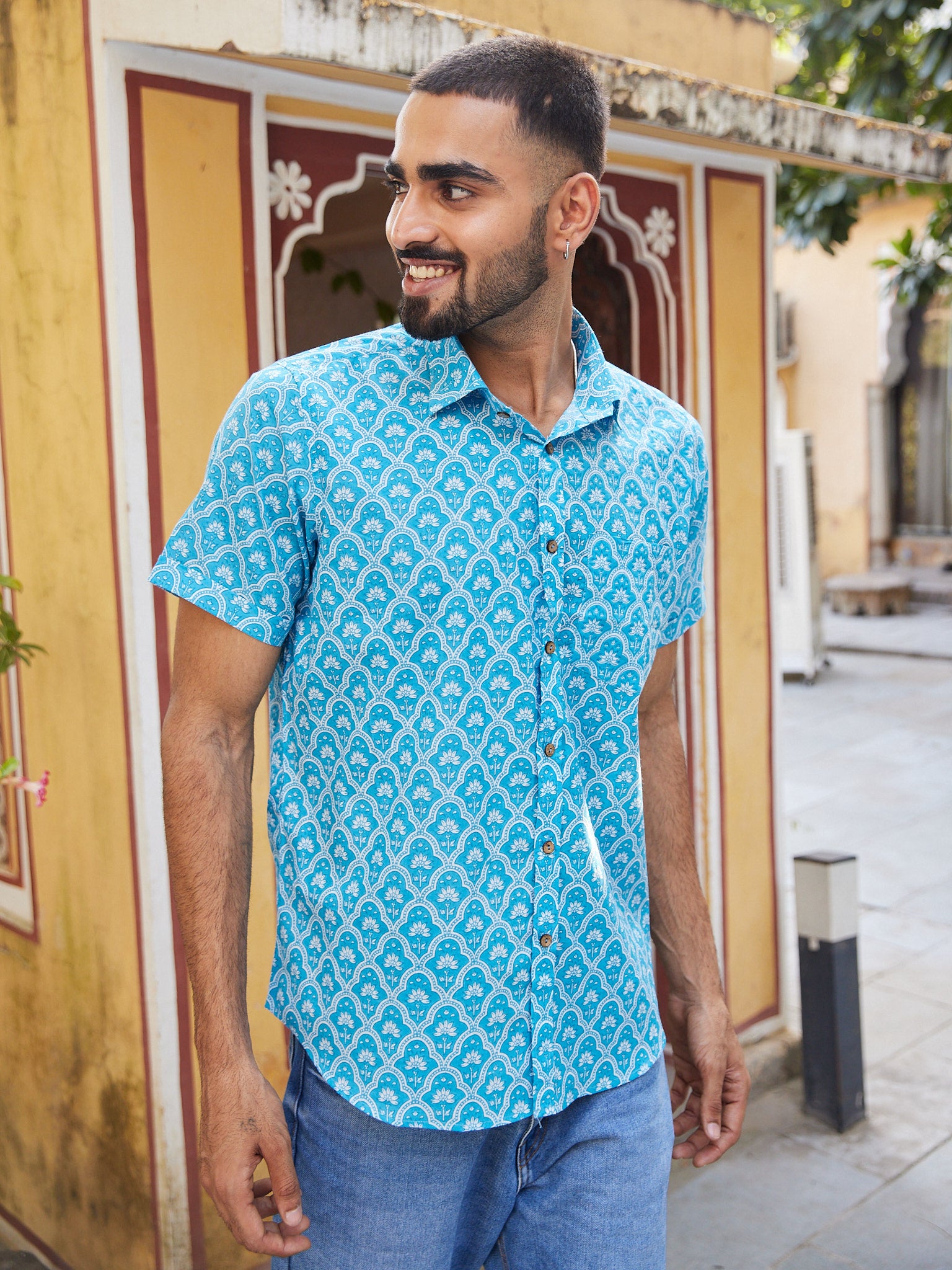 Cotton Men's Half Sleeves Shirt Light Blue-White Floral