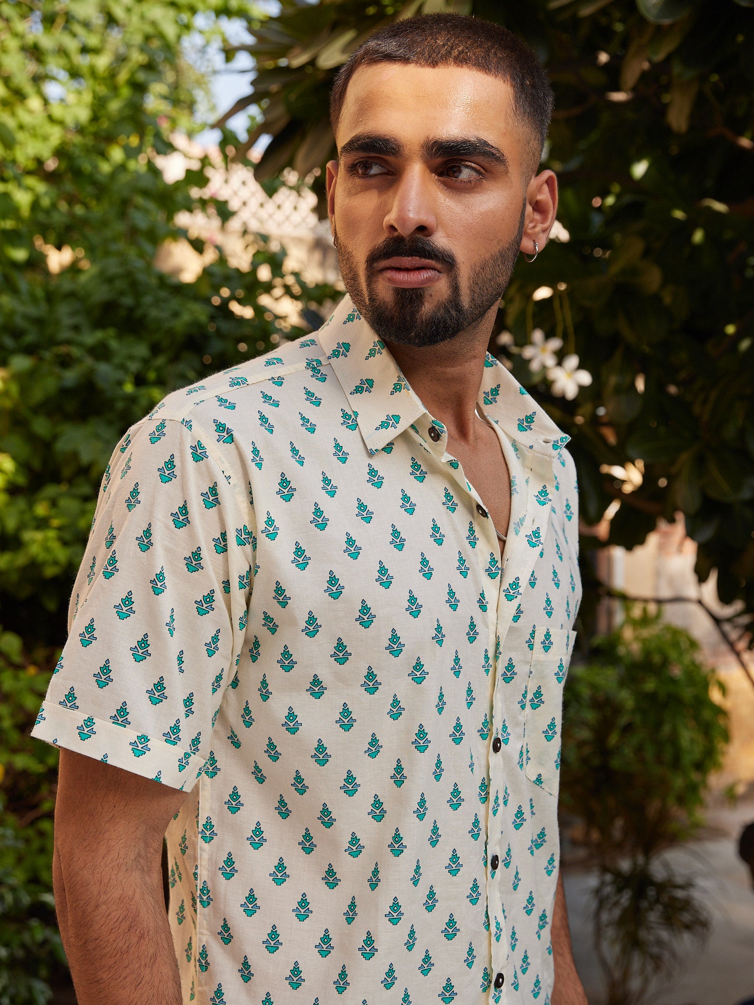 Cotton Cream-Blue Floral men's Half Sleeves Shirt