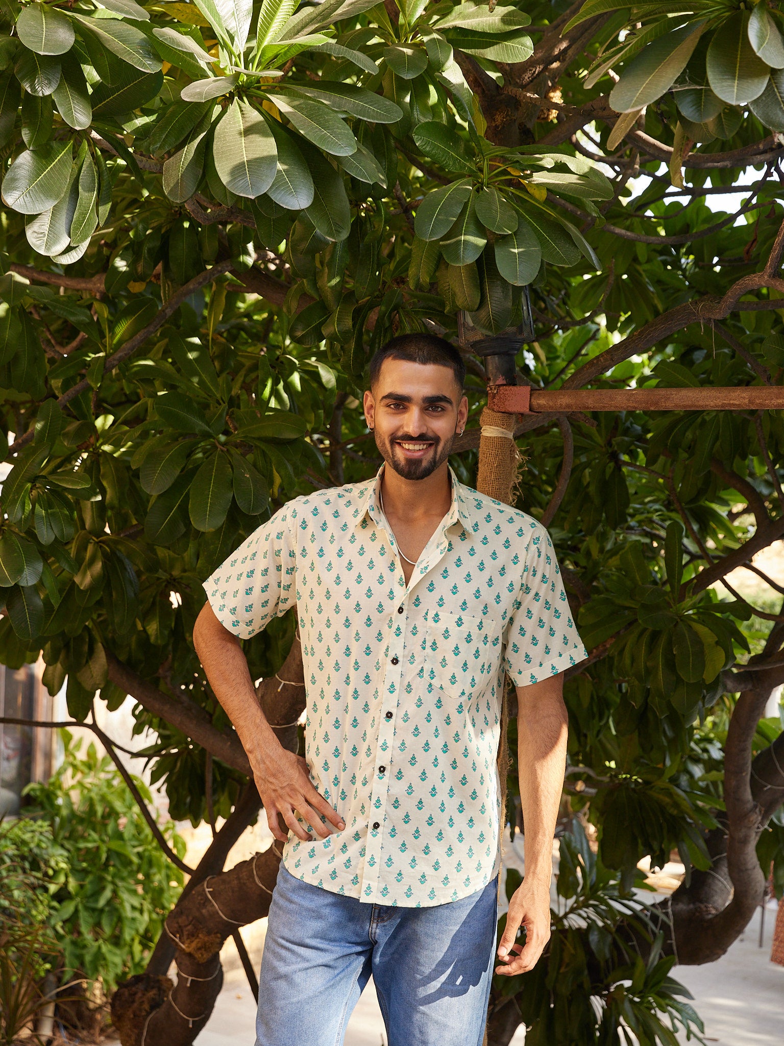 Cotton Cream-Blue Floral men's Half Sleeves Shirt